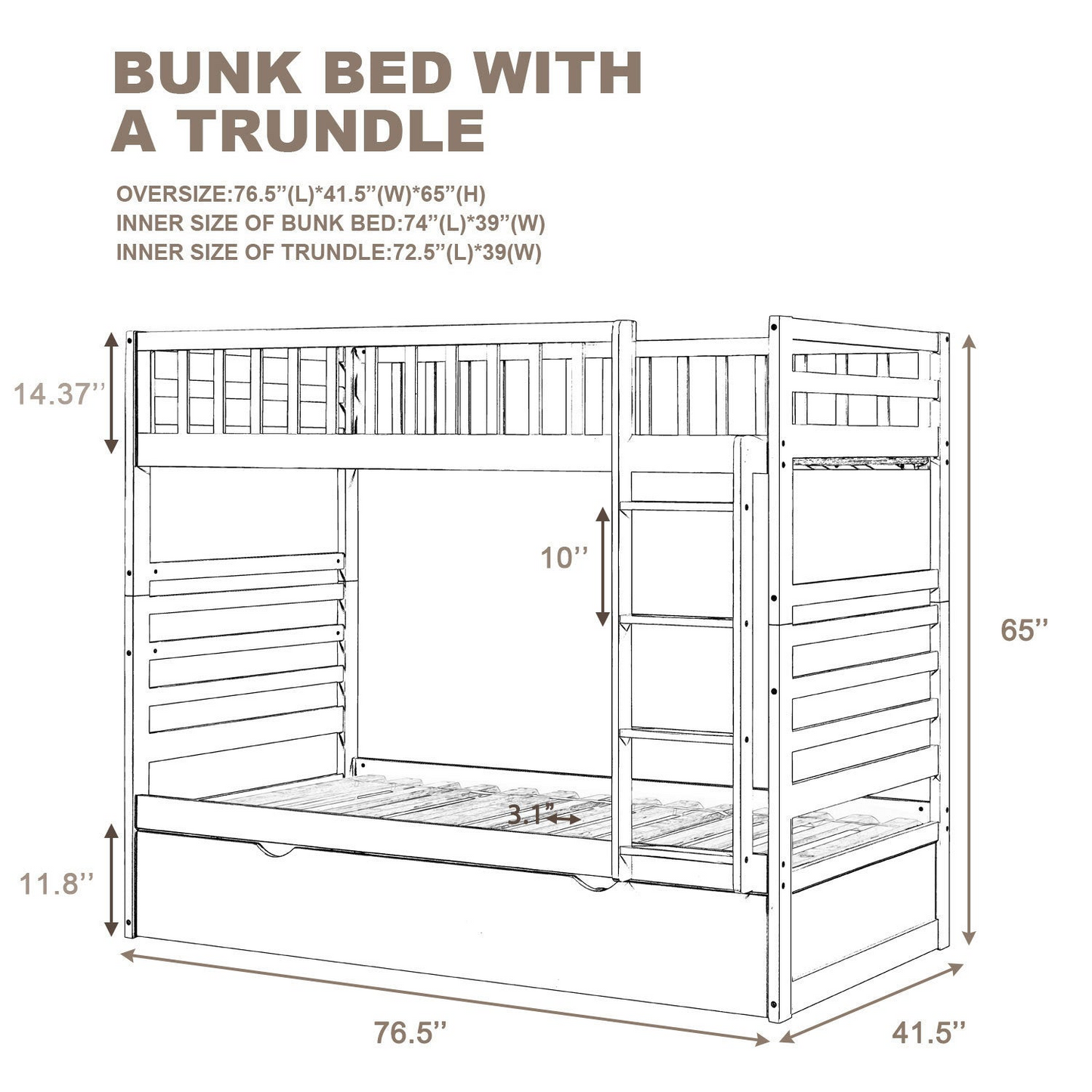 Twin Bunk Beds for Kids with Safety Rail and Movable Trundle bed