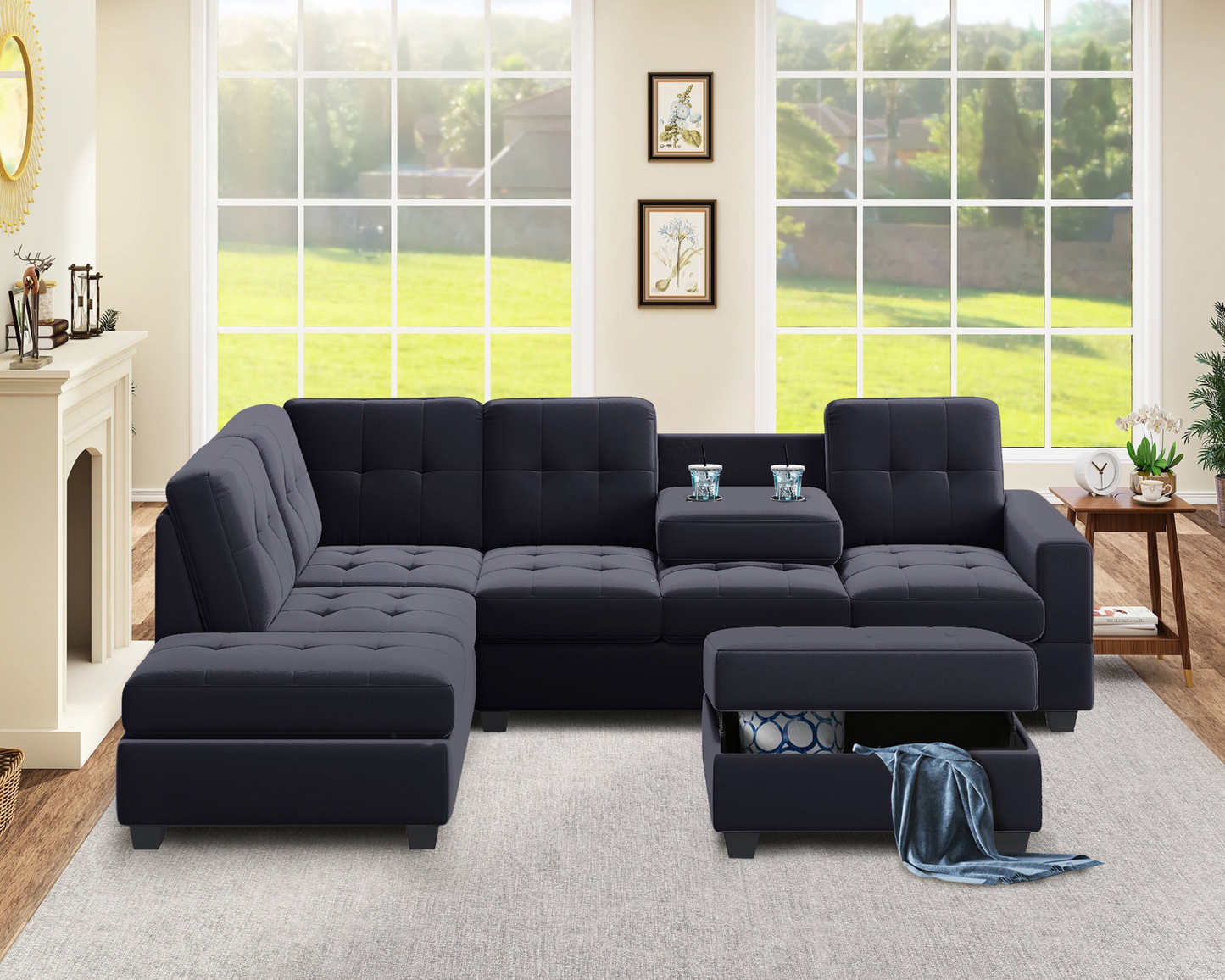 Modern Sectional Sofa with Reversible Chaise, L Shaped Couch Set with Storage Ottoman and Two Cup Holders for Living Room