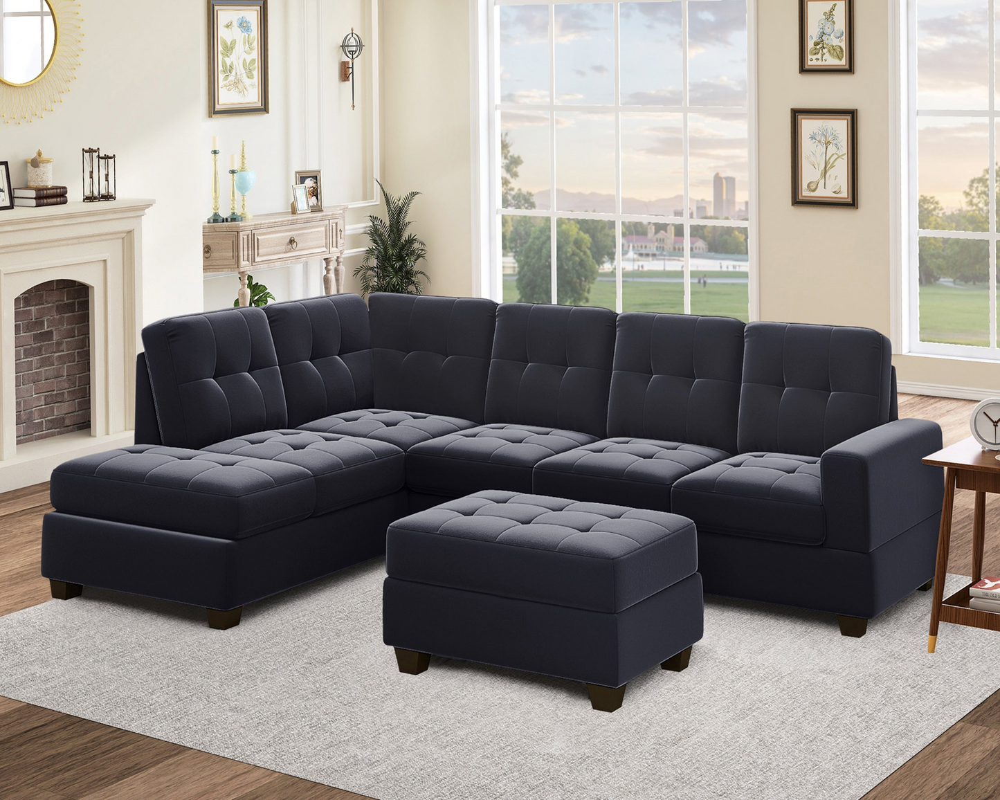 Modern Sectional Sofa with Reversible Chaise, L Shaped Couch Set with Storage Ottoman and Two Cup Holders for Living Room