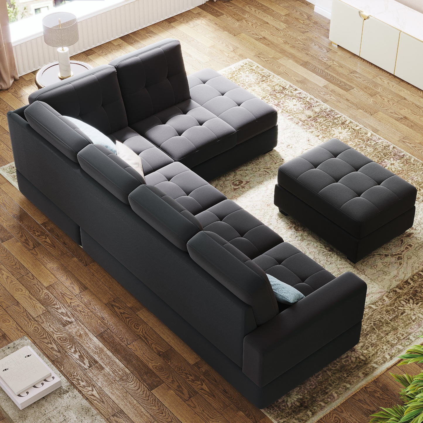 Modern Sectional Sofa with Reversible Chaise, L Shaped Couch Set with Storage Ottoman and Two Cup Holders for Living Room