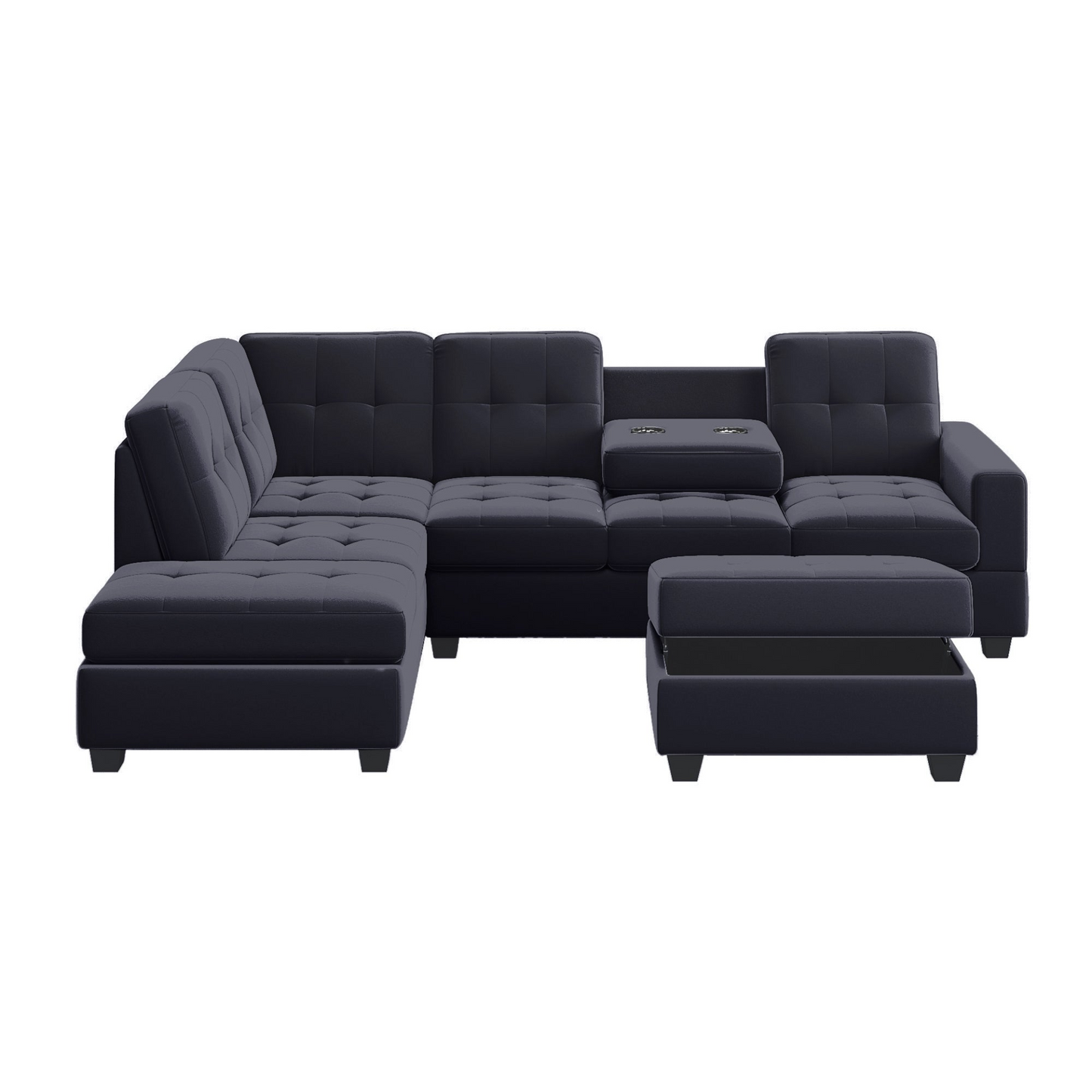 Modern Sectional Sofa with Reversible Chaise, L Shaped Couch Set with Storage Ottoman and Two Cup Holders for Living Room