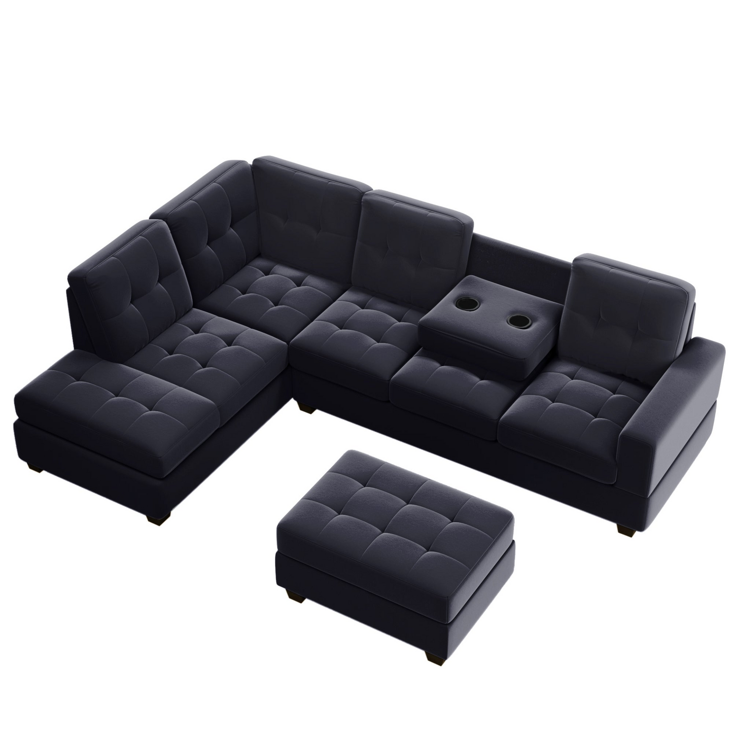 Modern Sectional Sofa with Reversible Chaise, L Shaped Couch Set with Storage Ottoman and Two Cup Holders for Living Room