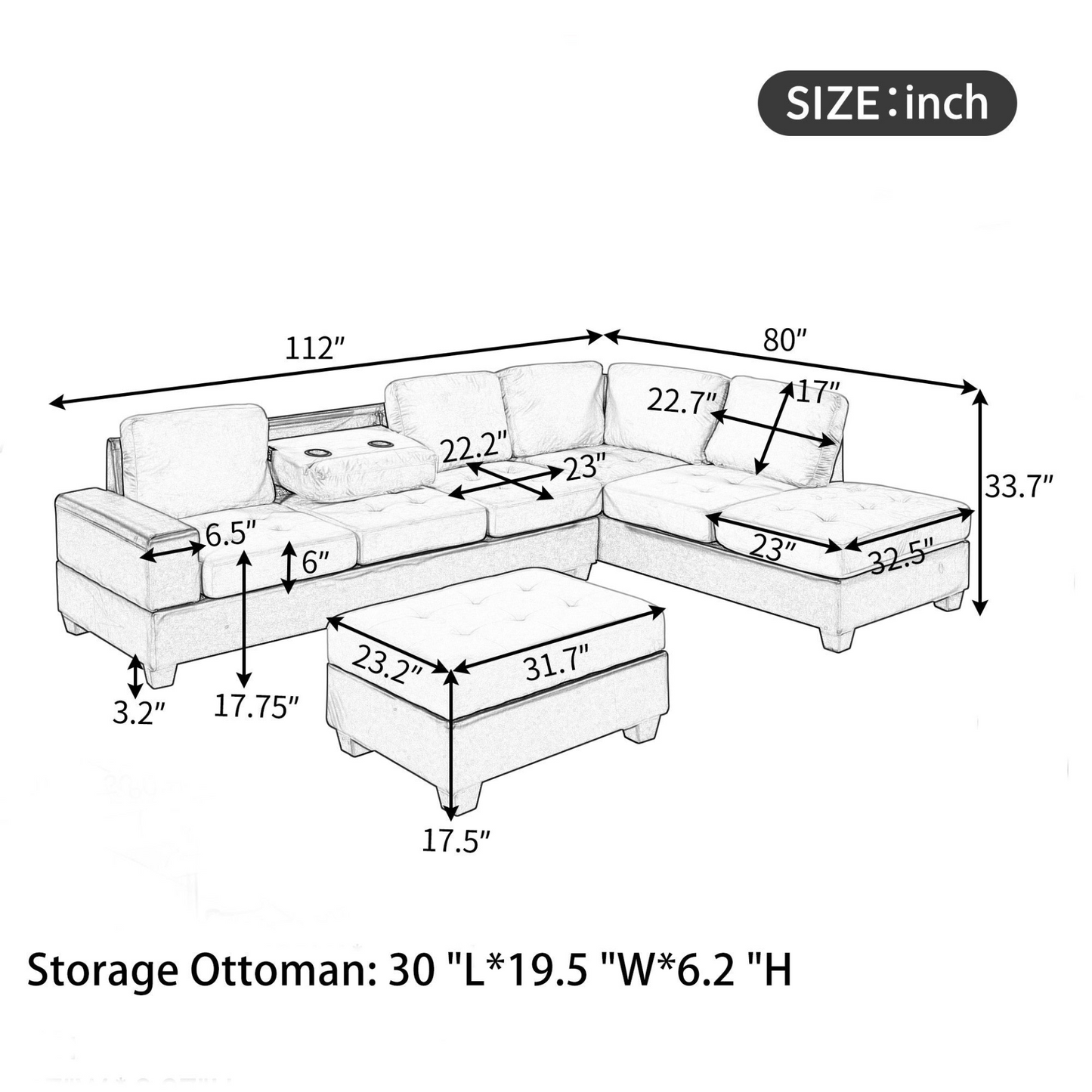 Modern Sectional Sofa with Reversible Chaise, L Shaped Couch Set with Storage Ottoman and Two Cup Holders for Living Room