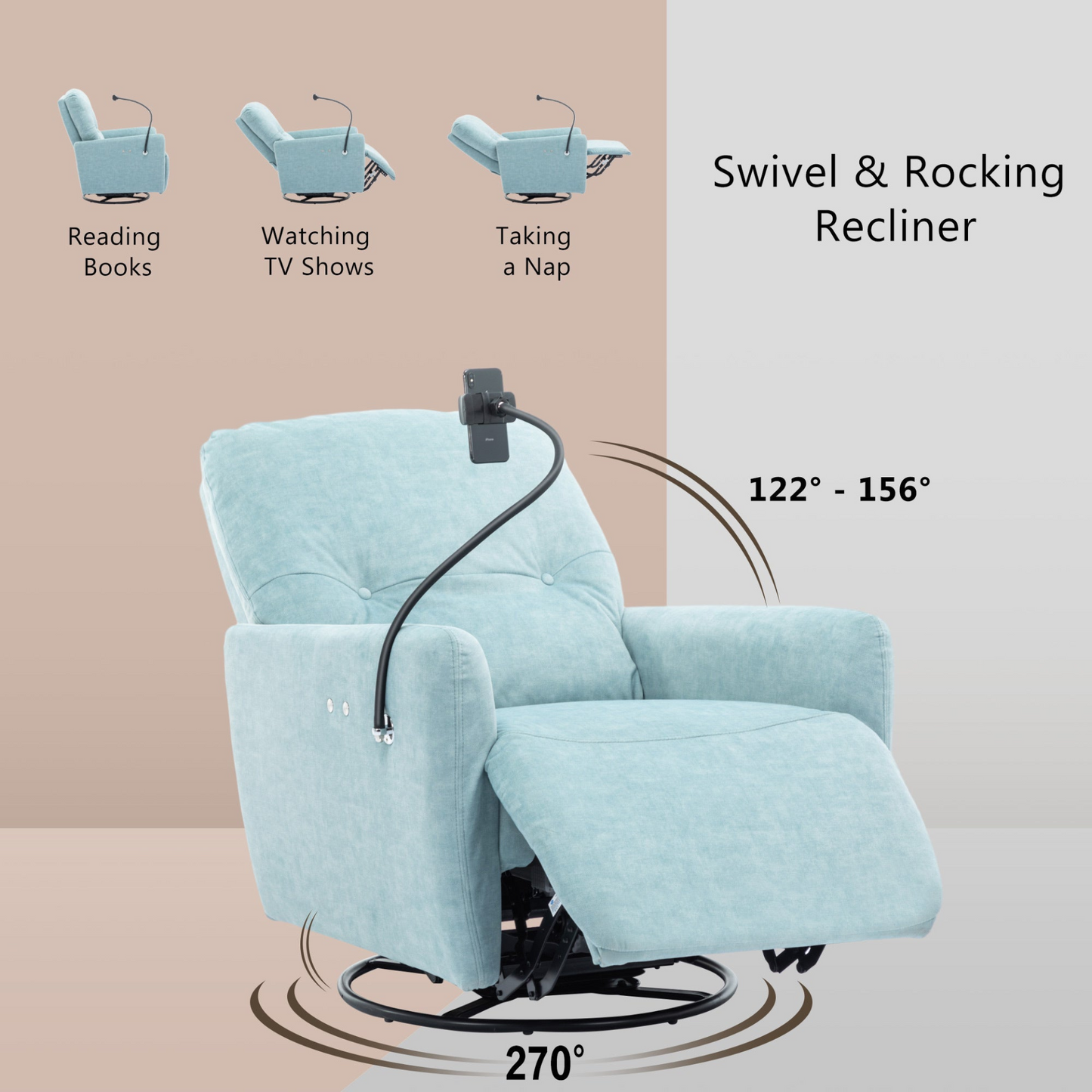 270 Degree Swivel Electric Recliner Home Theater Seating Single Reclining Sofa Rocking Motion Recliner with a Phone Holder for Living Room, Blue