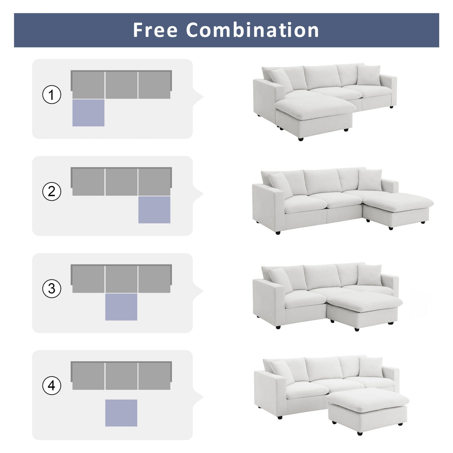 100.4*64.6” Modern L-Shaped Sectional Sofa, 4-Seat Polyester Fabric Couch Set with Convertible Ottoman & 2 Free Pillows for Living Room, Office