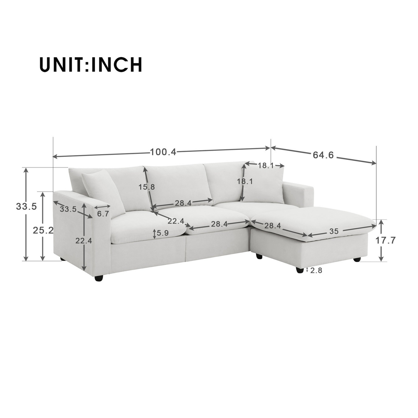 100.4*64.6” Modern L-Shaped Sectional Sofa, 4-Seat Polyester Fabric Couch Set with Convertible Ottoman & 2 Free Pillows for Living Room, Office