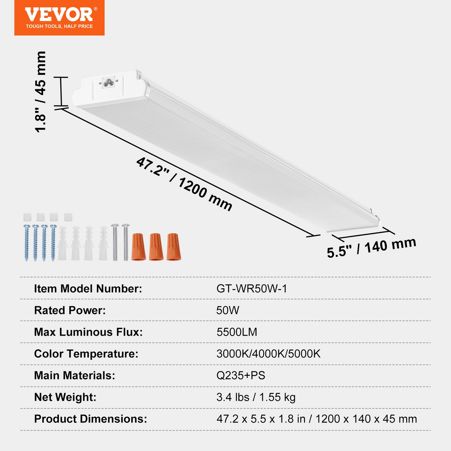 VEVOR 4FT LED Wraparound Light, 50W, 5500LM Flush Mount LED Shop Light, 3000K/4000K/5000K Adjustable LED Kitchen Ceiling Lighting Fixtures for Garage Office Laundry Fluorescent Tube Replacement, ETL