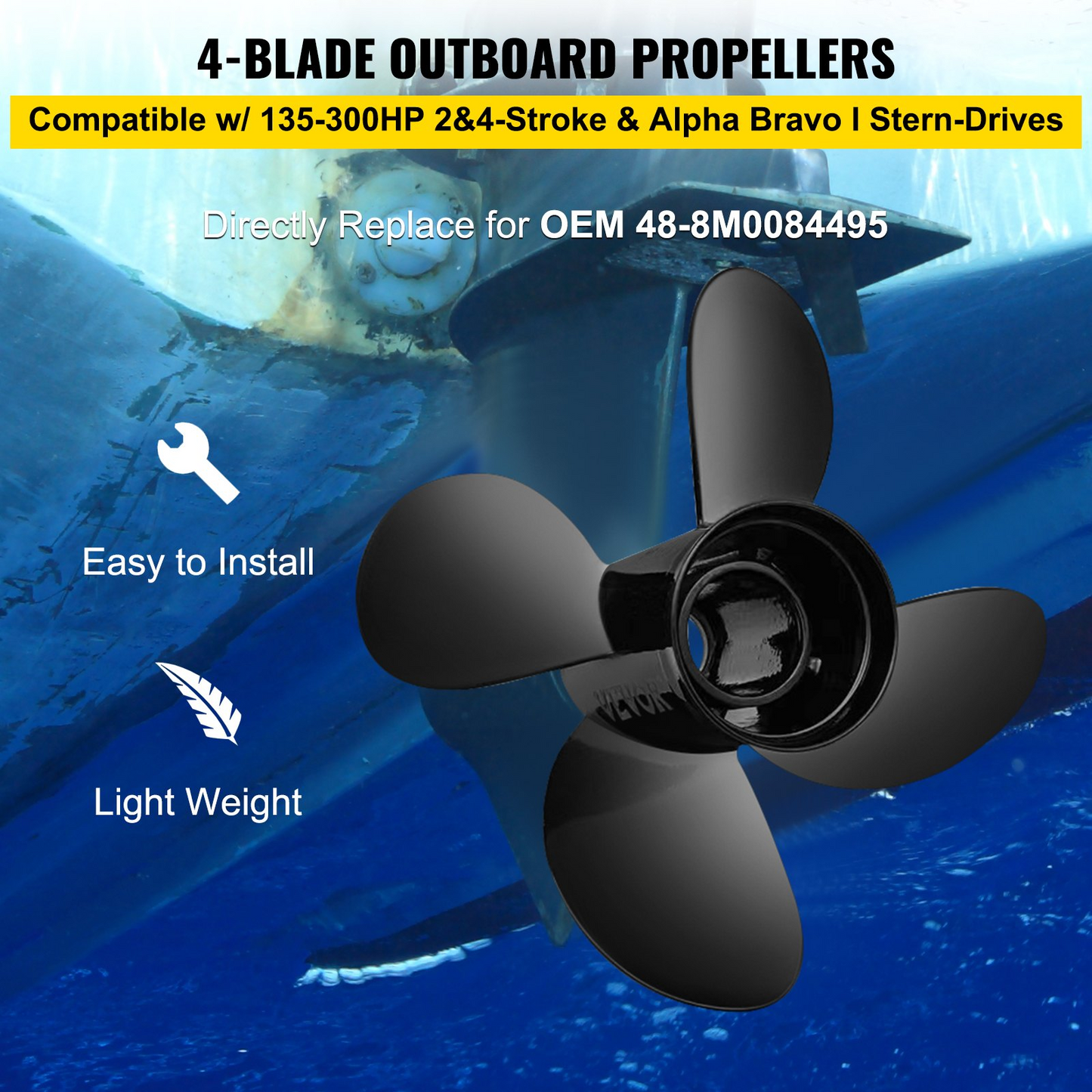 VEVOR Outboard Propeller, Replace for OEM 48-8M0084495, 4 Blades 14" x 19" Aluminium Boat Propeller