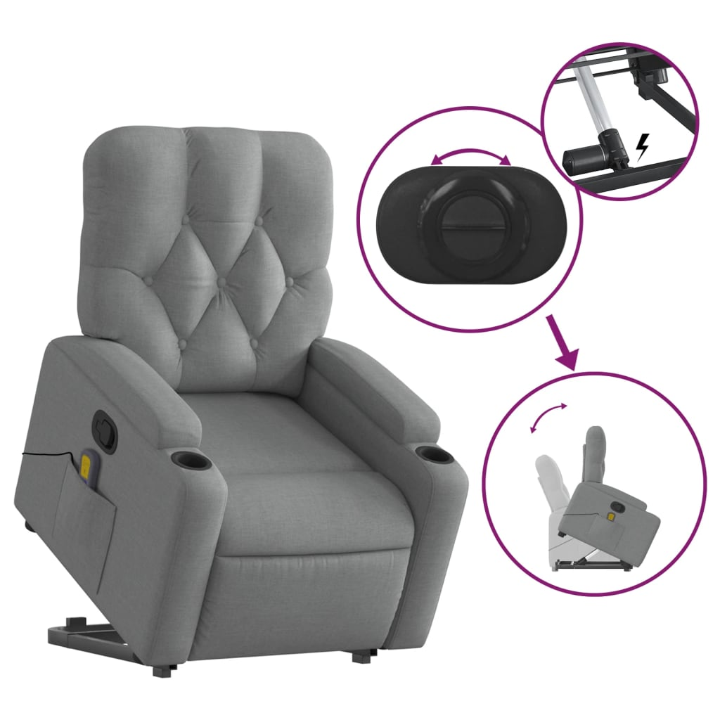 vidaXL Stand up Massage Recliner Chair Light Gray Fabric - fashion finesse accessories