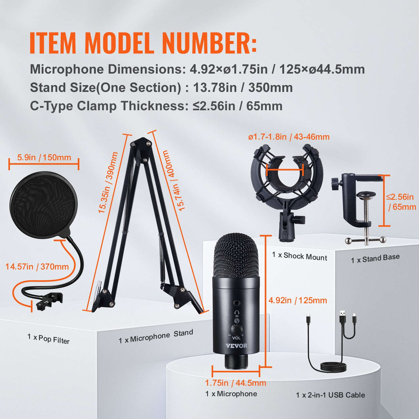 VEVOR USB Microphone Kit - Professional Condenser Microphone with Boom Arm Stand, Pop Filter, Shock Mount, and More