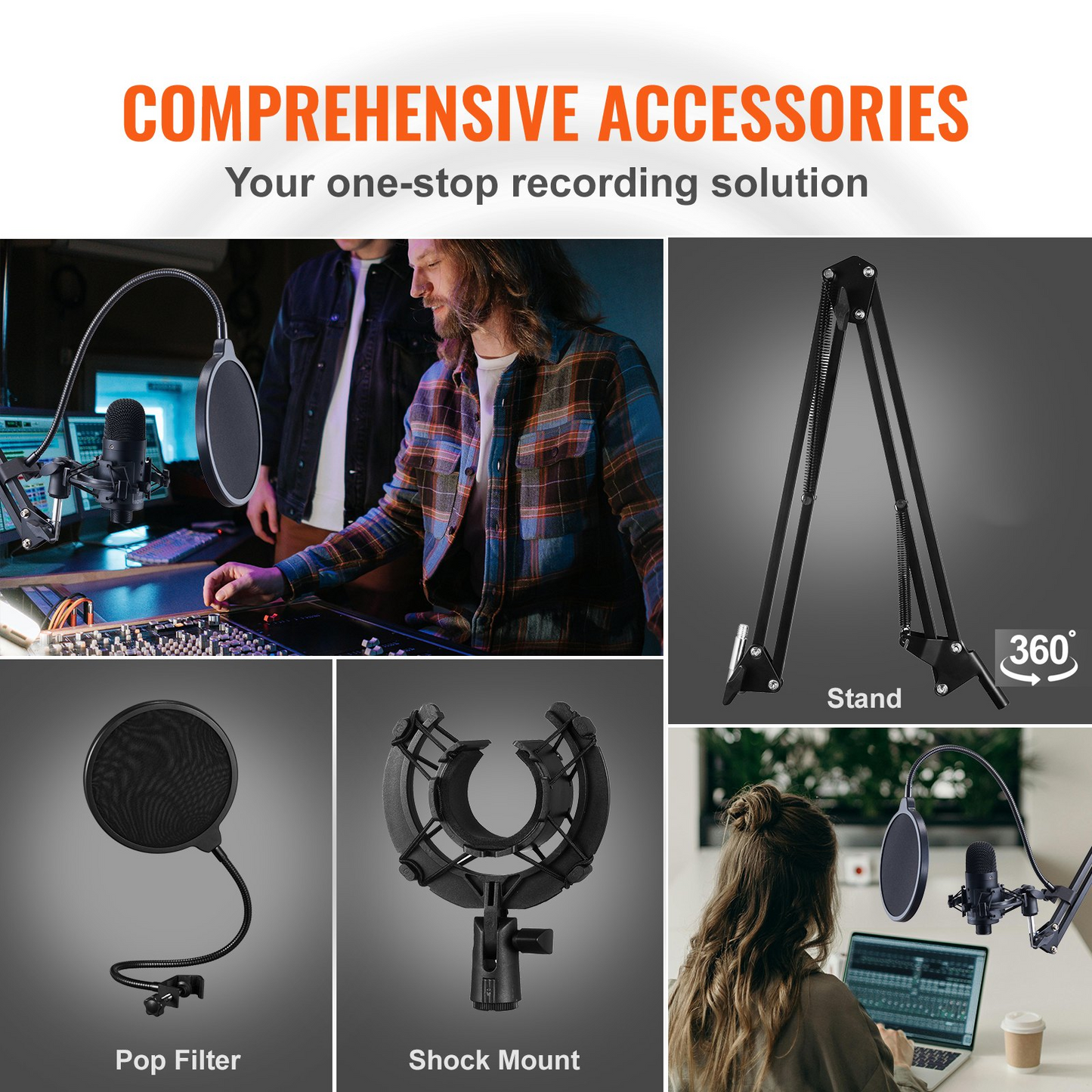 VEVOR USB Microphone Kit - Professional Condenser Microphone with Boom Arm Stand, Pop Filter, Shock Mount, and More