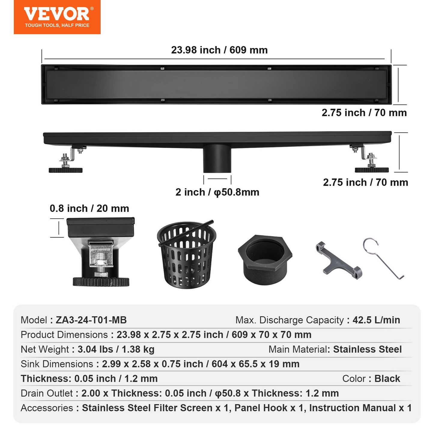 VEVOR 24-Inch Linear Shower Drain Offset with Tile Insert Cover,Brushed 304 Stainless Steel Rectangle Shower Floor Drain, Sleek Linear Drain with Hair Strainer, Black