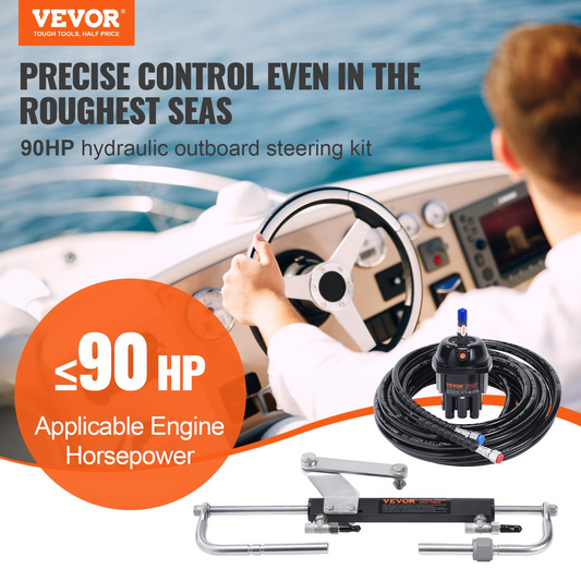 VEVOR Hydraulic Outboard Steering Kit, 90HP, Marine Boat Hydraulic Steering System, with Helm Pump Two-Way Lock Cylinder and 24 Feet Hydraulic Steering Hose, for Single Station Single-Engine Boats