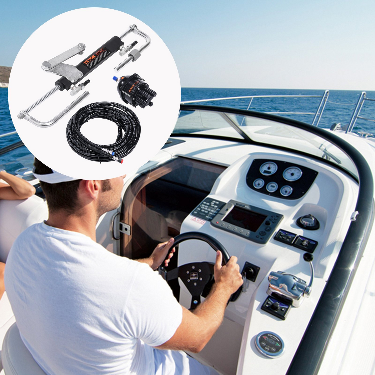 VEVOR Hydraulic Outboard Steering Kit, 90HP, Marine Boat Hydraulic Steering System, with Helm Pump Two-Way Lock Cylinder and 24 Feet Hydraulic Steering Hose, for Single Station Single-Engine Boats