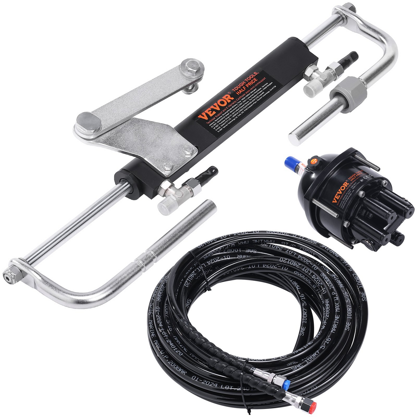 VEVOR Hydraulic Outboard Steering Kit, 90HP, Marine Boat Hydraulic Steering System, with Helm Pump Two-Way Lock Cylinder and 24 Feet Hydraulic Steering Hose, for Single Station Single-Engine Boats