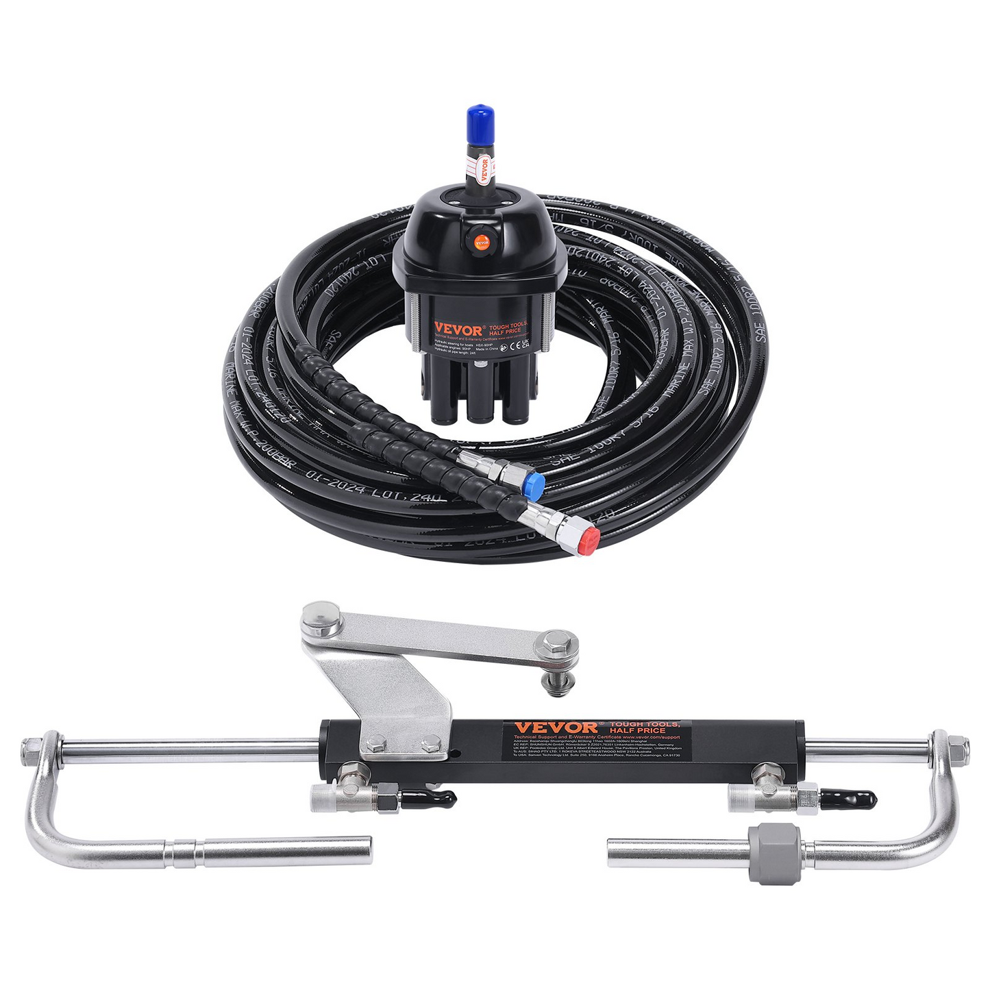 VEVOR Hydraulic Outboard Steering Kit, 90HP, Marine Boat Hydraulic Steering System, with Helm Pump Two-Way Lock Cylinder and 24 Feet Hydraulic Steering Hose, for Single Station Single-Engine Boats