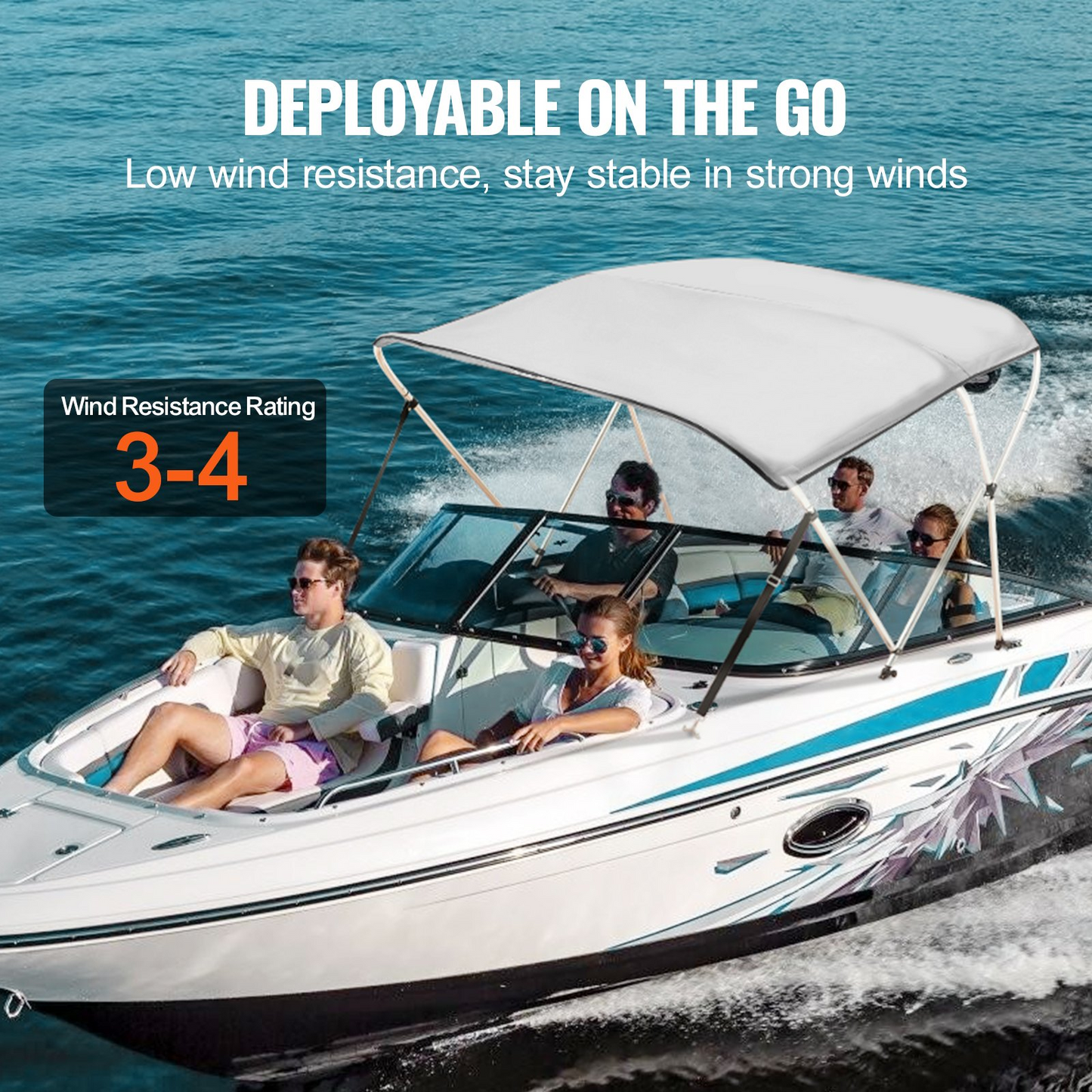 VEVOR 3 Bow Bimini Top Boat Cover, 900D Polyester Canopy with 1" Aluminum Alloy Frame, Waterproof and Sun Shade, Includes Storage Boot, 2 Support Poles, 4 Straps, 6'L x 46"H x 54"-60"W, Light Grey