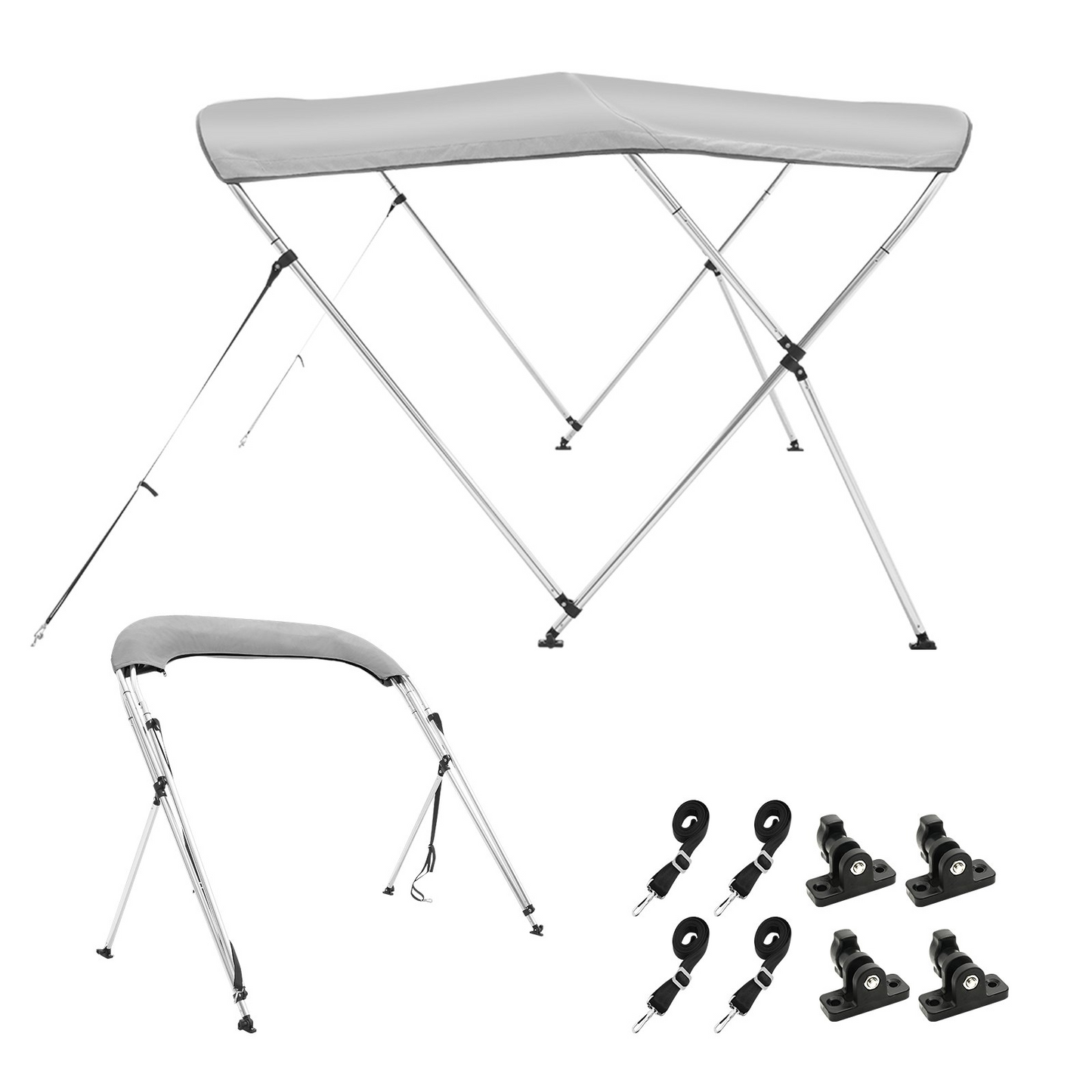 VEVOR 3 Bow Bimini Top Boat Cover, 900D Polyester Canopy with 1" Aluminum Alloy Frame, Waterproof and Sun Shade, Includes Storage Boot, 2 Support Poles, 4 Straps, 6'L x 46"H x 54"-60"W, Light Grey