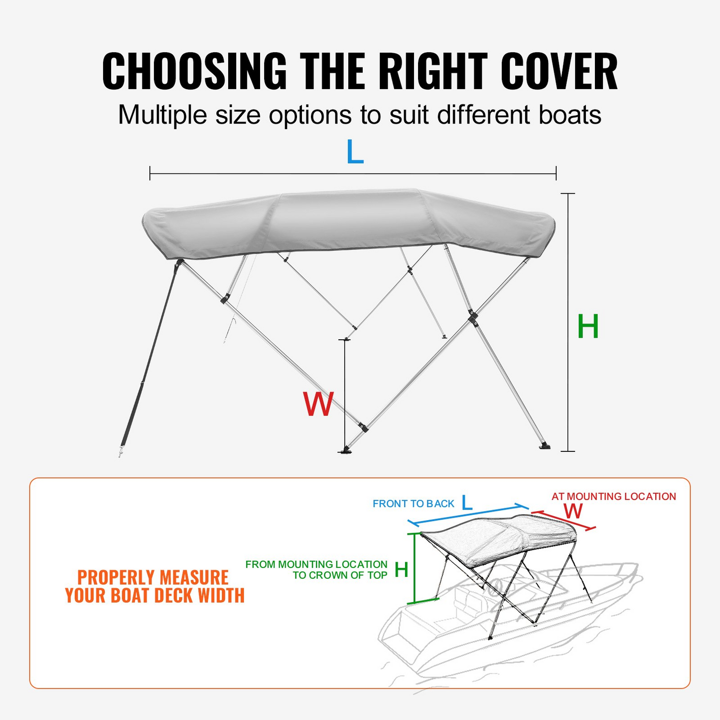 VEVOR 4 Bow Bimini Top Boat Cover, 900D Polyester Canopy with 1" Aluminum Alloy Frame, Waterproof and Sun Shade, Includes Storage Boot, 2 Support Poles, 4 Straps, 8'L x 54"H x 91"-96"W, Light Grey