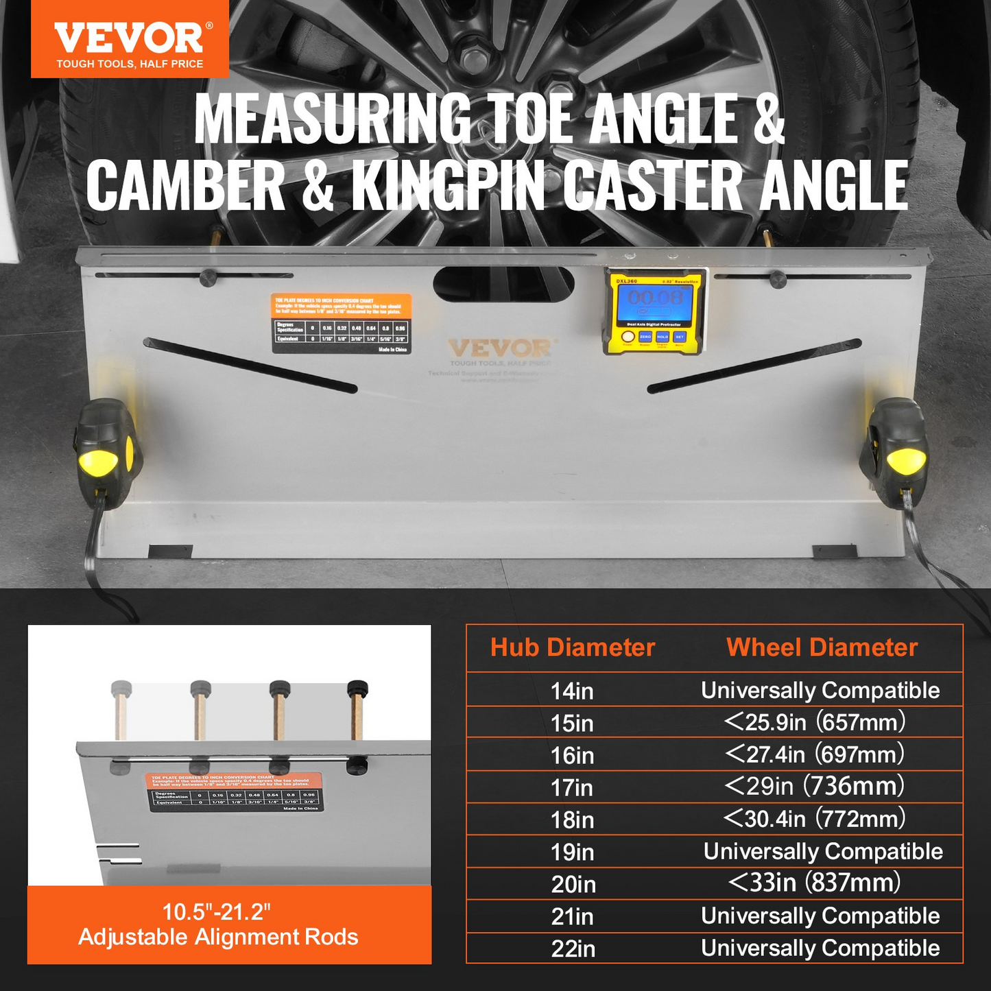 VEVOR Wheel Alignment Tool, 2-Pack Toe Plates, Camber/Caster/Toe Gauge 0.1° Accuracy, Stainless Steel Tool Plate, Magnetic Slots and 6 Alignment Rods, Includes 2 Measuring Tapes & Conversion Chart