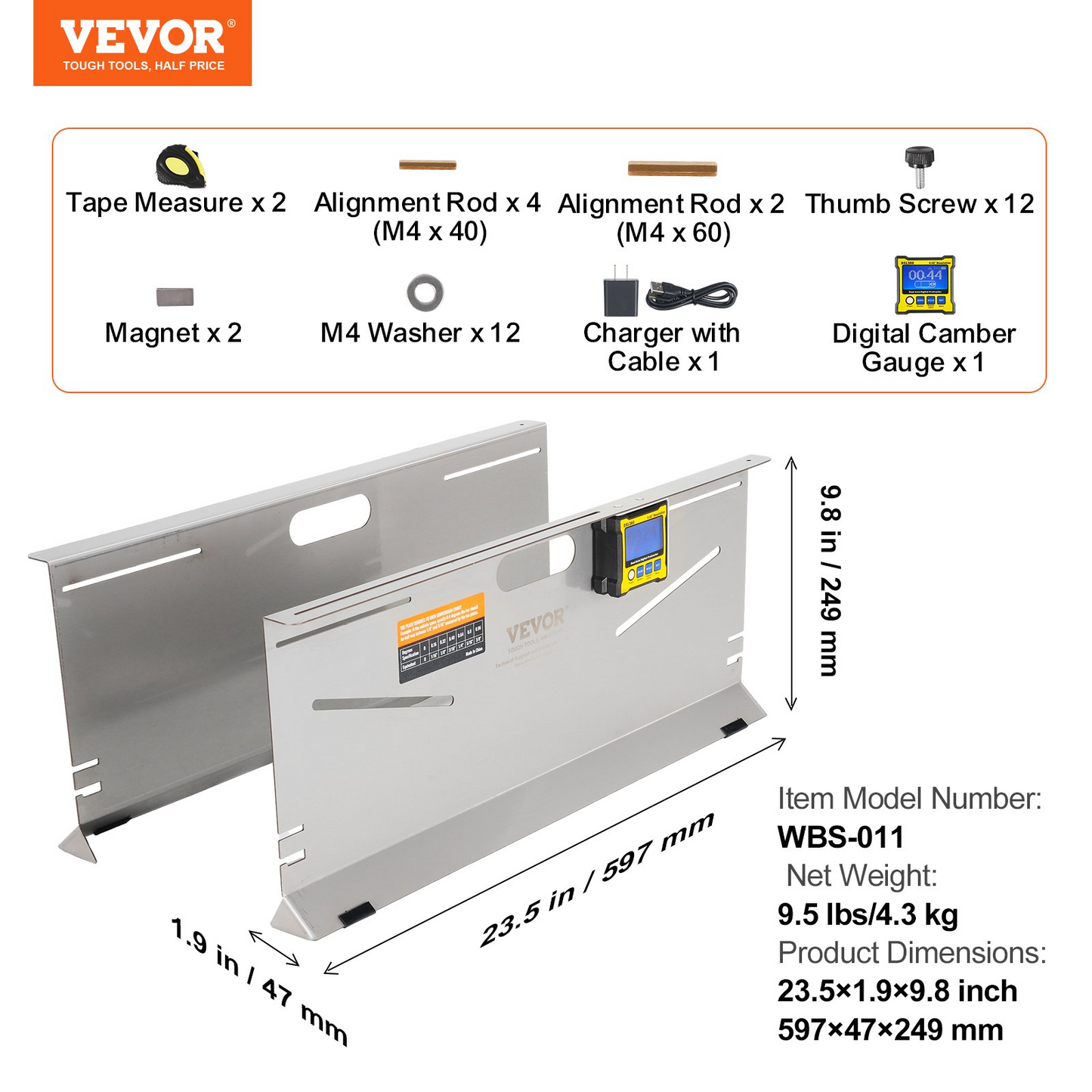 VEVOR Wheel Alignment Tool, 2-Pack Toe Plates, Camber/Caster/Toe Gauge 0.1° Accuracy, Stainless Steel Tool Plate, Magnetic Slots and 6 Alignment Rods, Includes 2 Measuring Tapes & Conversion Chart