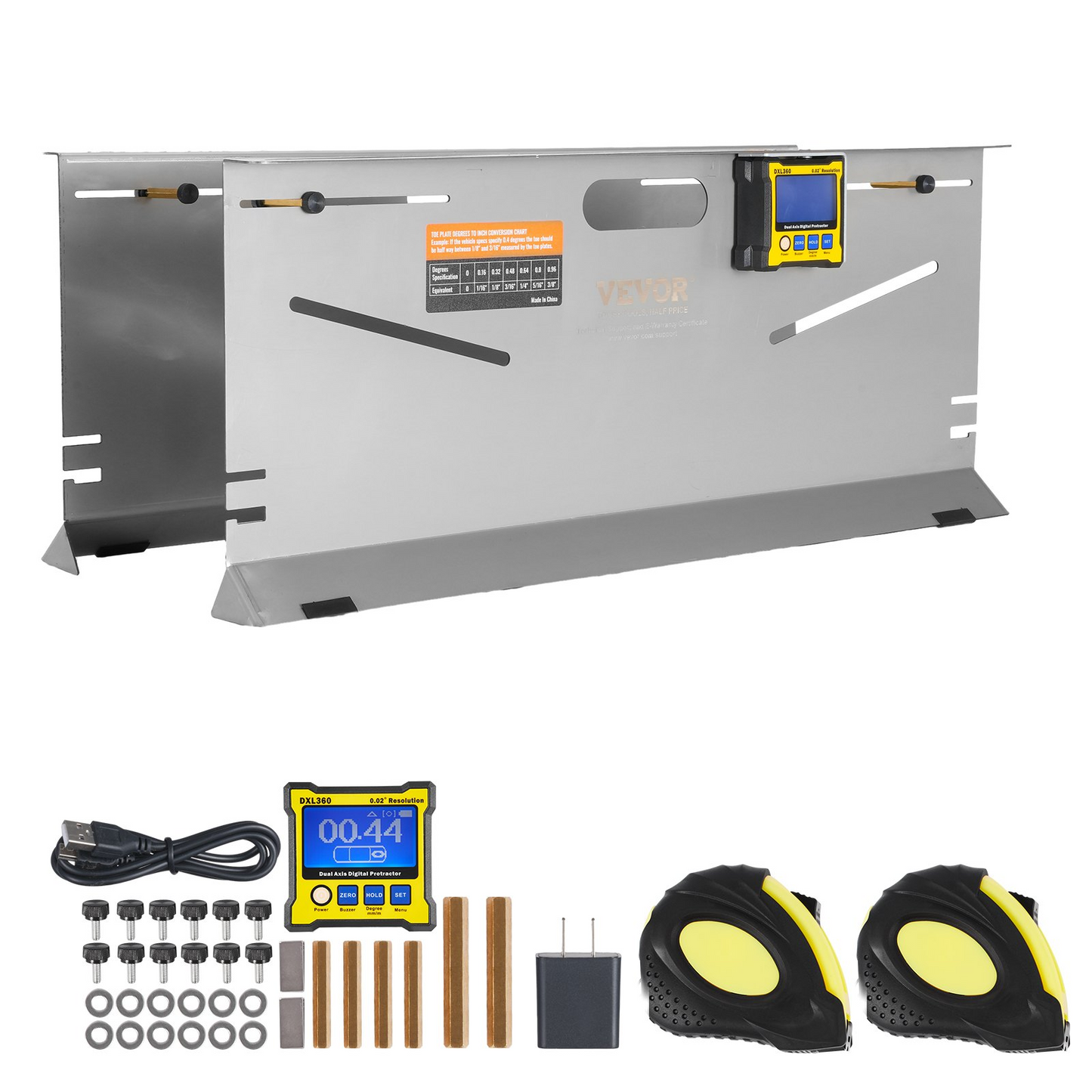 VEVOR Wheel Alignment Tool, 2-Pack Toe Plates, Camber/Caster/Toe Gauge 0.1° Accuracy, Stainless Steel Tool Plate, Magnetic Slots and 6 Alignment Rods, Includes 2 Measuring Tapes & Conversion Chart