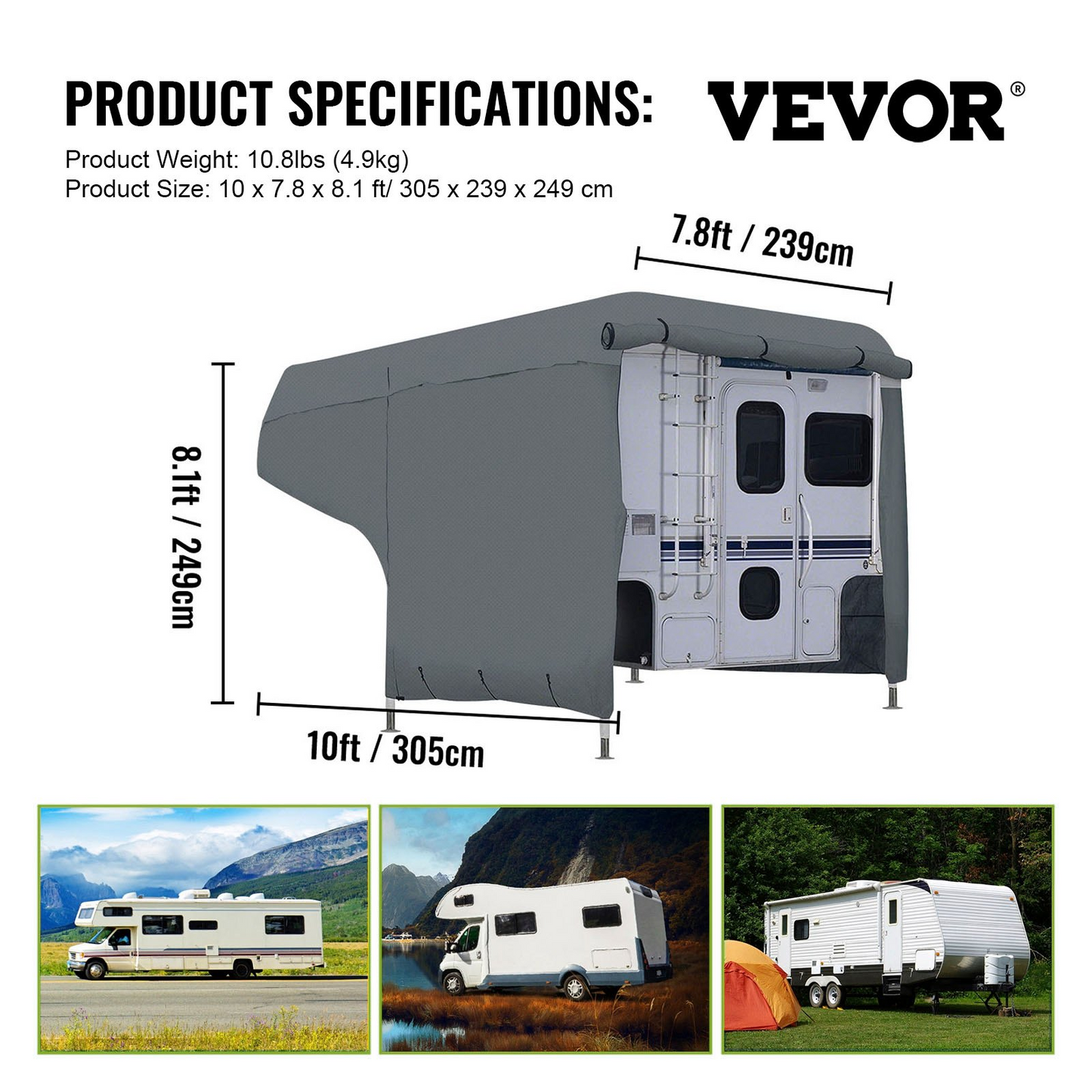 VEVOR RV Cover, 8'-10' Travel Trailer RV Cover, Windproof RV & Trailer Cover, Extra-Thick 4 Layers Durable Camper Cover, Waterproof Ripstop Anti-UV for RV Motorhome with Adhesive Patch & Storage Bag