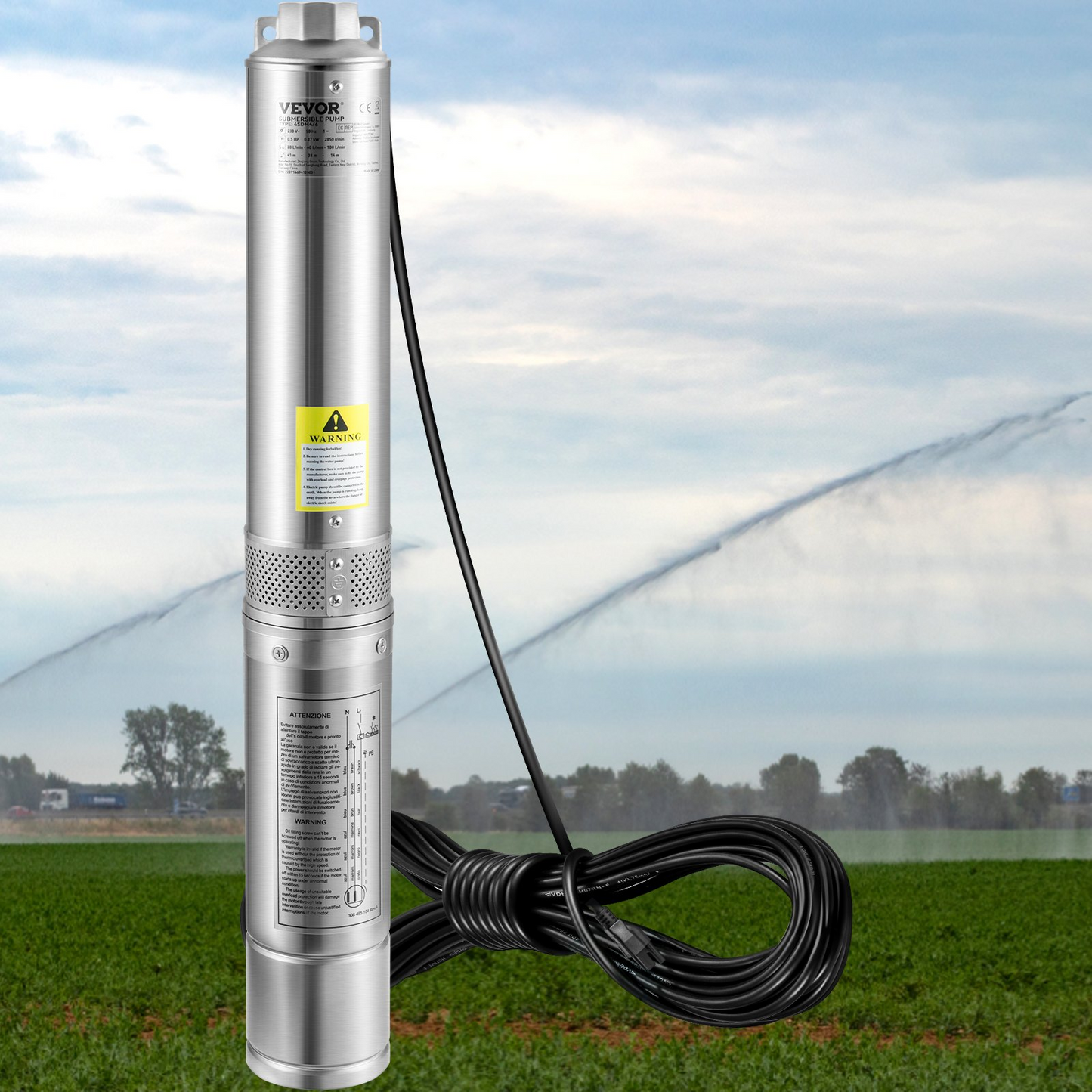 VEVOR Deep Well Submersible Pump, 1HP 230V/60Hz, 37gpm Flow 207ft Head, with 33ft Electric Cord, 4" Stainless Steel Water Pump for Industrial, Irrigation&Home Use, IP68 Waterproof Grade