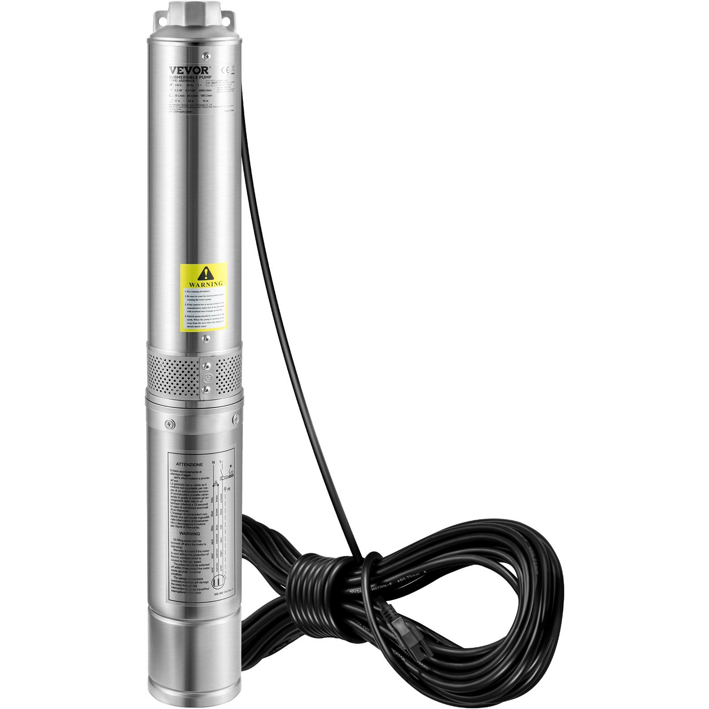 VEVOR Deep Well Submersible Pump, 1HP 230V/60Hz, 37gpm Flow 207ft Head, with 33ft Electric Cord, 4" Stainless Steel Water Pump for Industrial, Irrigation&Home Use, IP68 Waterproof Grade