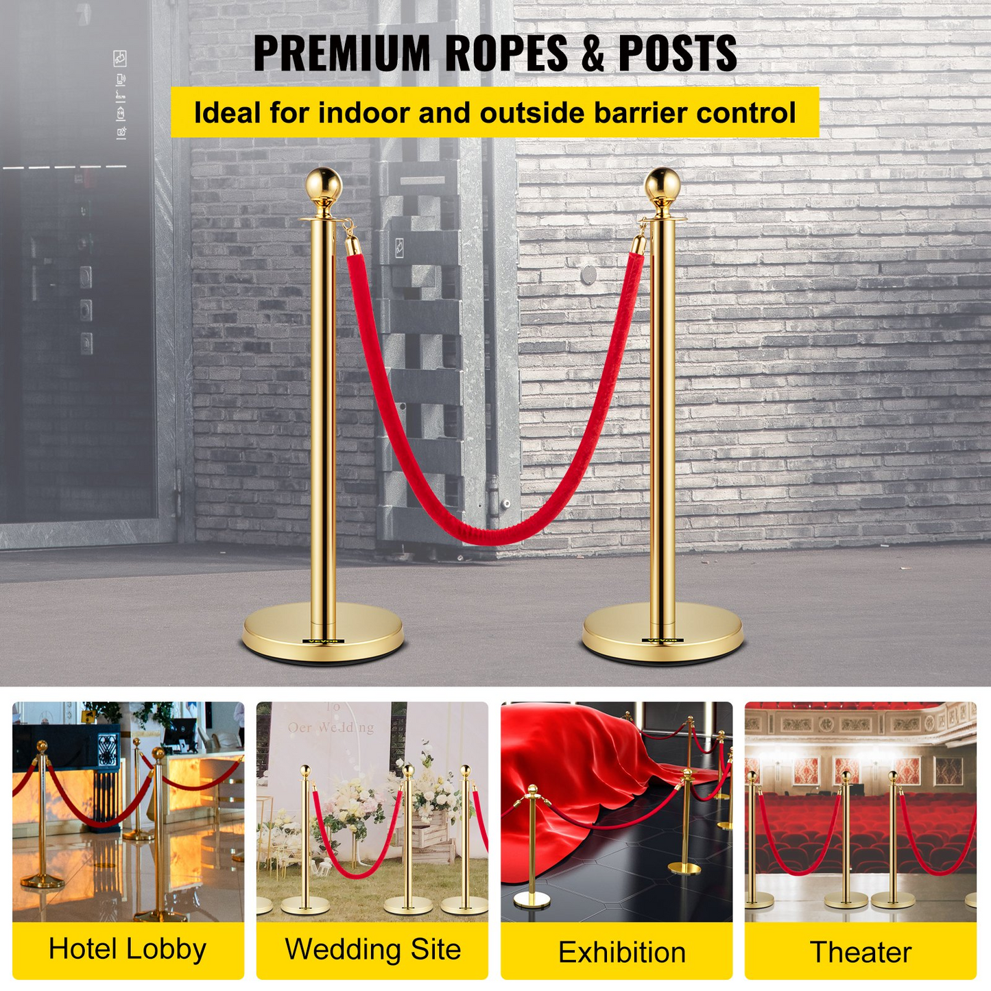 VEVOR Velvet Ropes and Posts, 5 ft/1.5 m Red Rope, Stainless Steel Gold Stanchion with Ball Top, Red Crowd Control Barrier Used for Theaters, Party, Wedding, Exhibition, Ticket Offices 2 Pack Sets