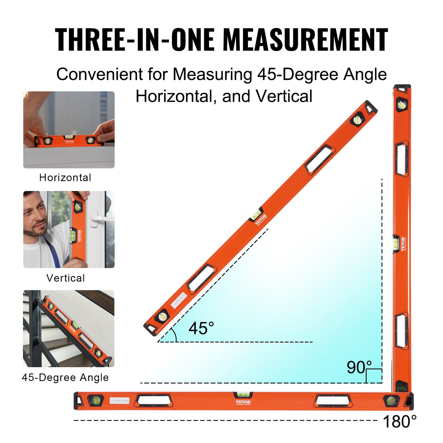 VEVOR Magnetic Torpedo Level, 48/24/16/10 in Mechanical Level Set, Bubble Vials Ruler for 45/90/180 Degree, Aluminum Alloy Leveler Tool w/ Viewing Window, Shock-Resistant for Measuring Plumbing, Wood