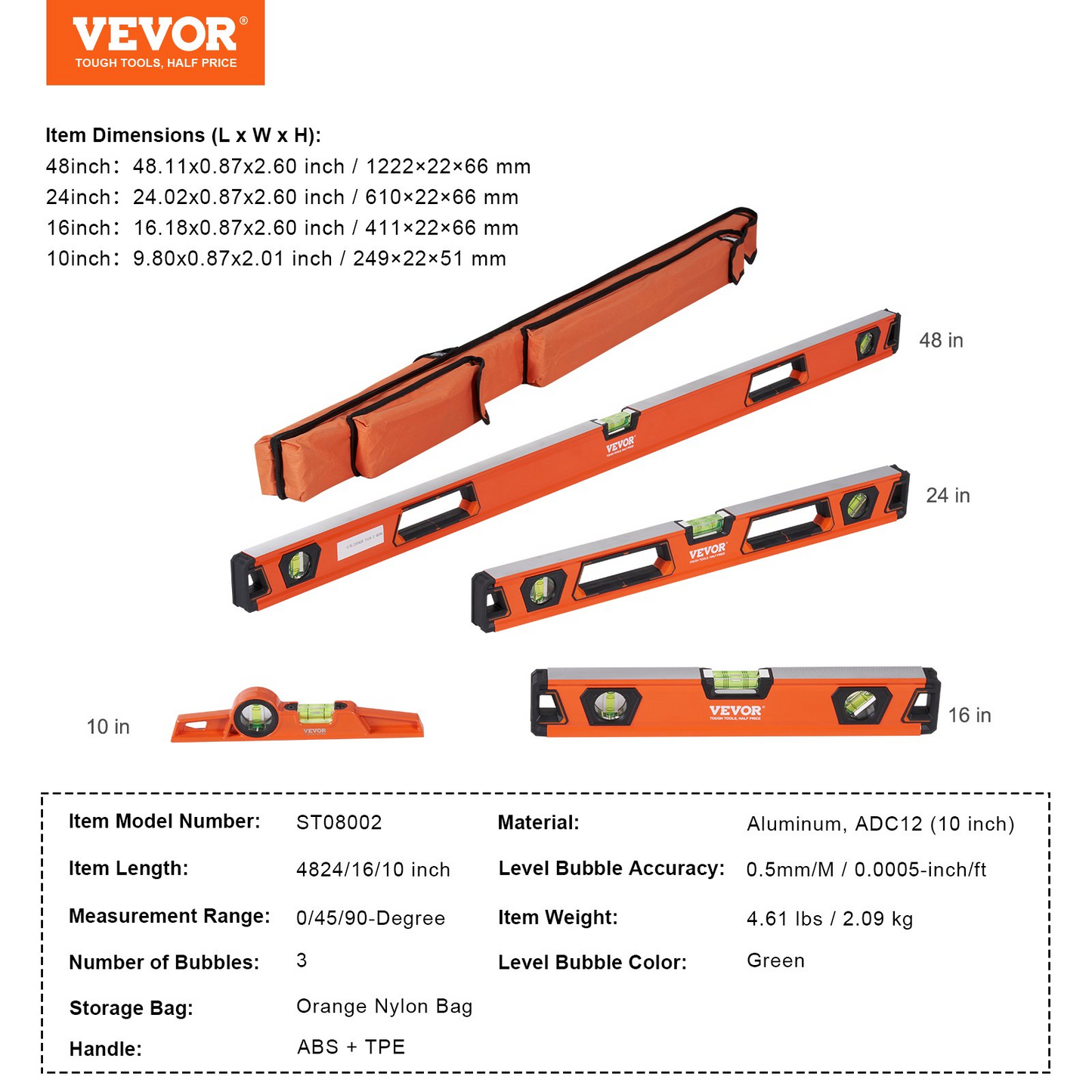 VEVOR Magnetic Torpedo Level, 48/24/16/10 in Mechanical Level Set, Bubble Vials Ruler for 45/90/180 Degree, Aluminum Alloy Leveler Tool w/ Viewing Window, Shock-Resistant for Measuring Plumbing, Wood