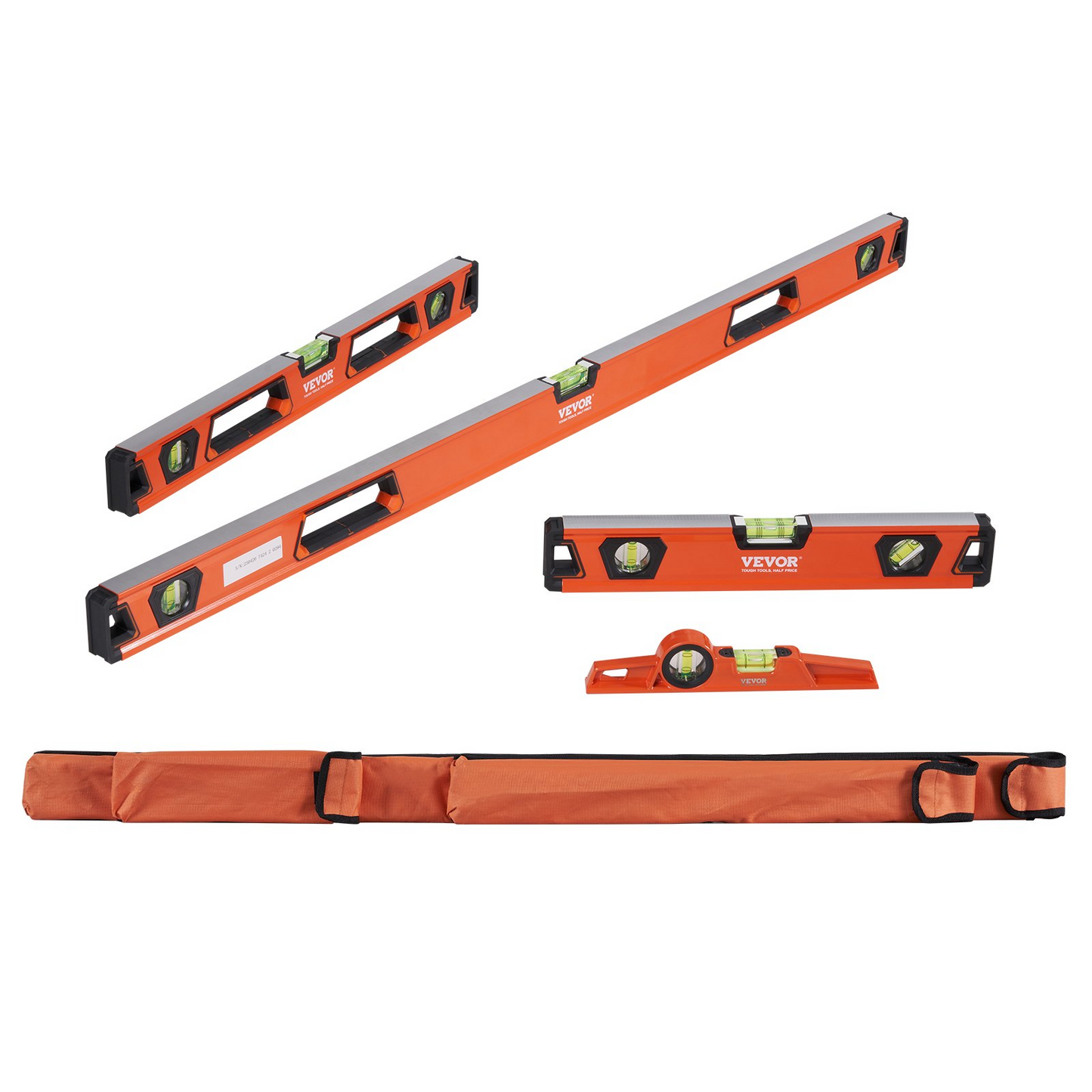 VEVOR Magnetic Torpedo Level, 48/24/16/10 in Mechanical Level Set, Bubble Vials Ruler for 45/90/180 Degree, Aluminum Alloy Leveler Tool w/ Viewing Window, Shock-Resistant for Measuring Plumbing, Wood