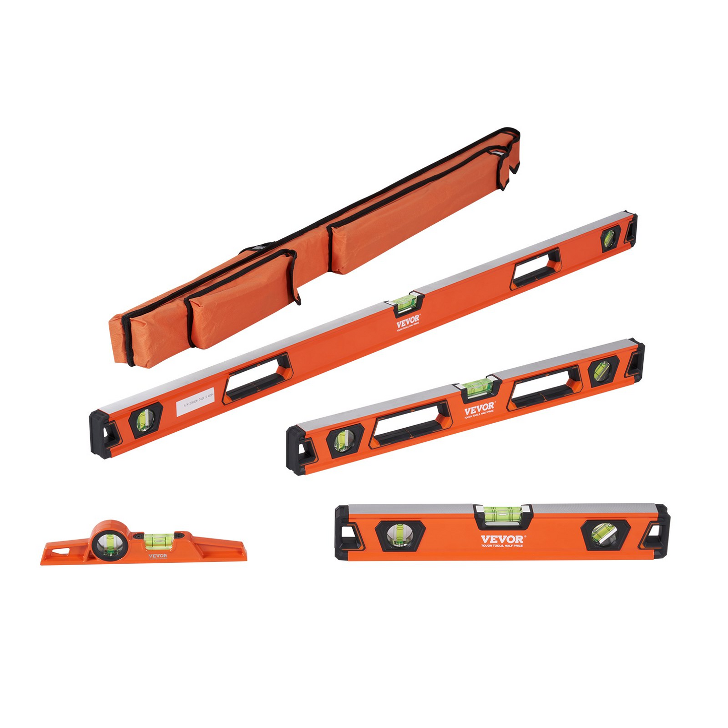 VEVOR Magnetic Torpedo Level, 48/24/16/10 in Mechanical Level Set, Bubble Vials Ruler for 45/90/180 Degree, Aluminum Alloy Leveler Tool w/ Viewing Window, Shock-Resistant for Measuring Plumbing, Wood