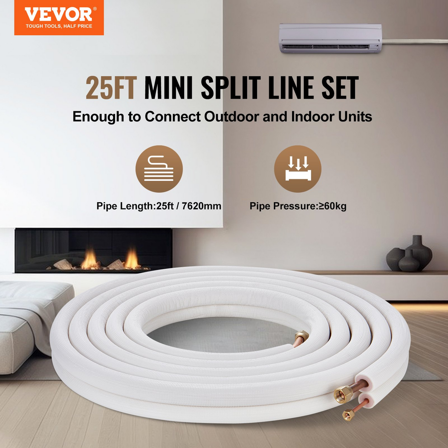 VEVOR 25FT Mini Split Line Set, 1/4" & 1/2" O.D Copper Pipes Tubing and Triple-Layer Insulation, for Air Conditioning or Heating Pump Equipment & HVAC with Rich Accessories (27ft Connection Cable)