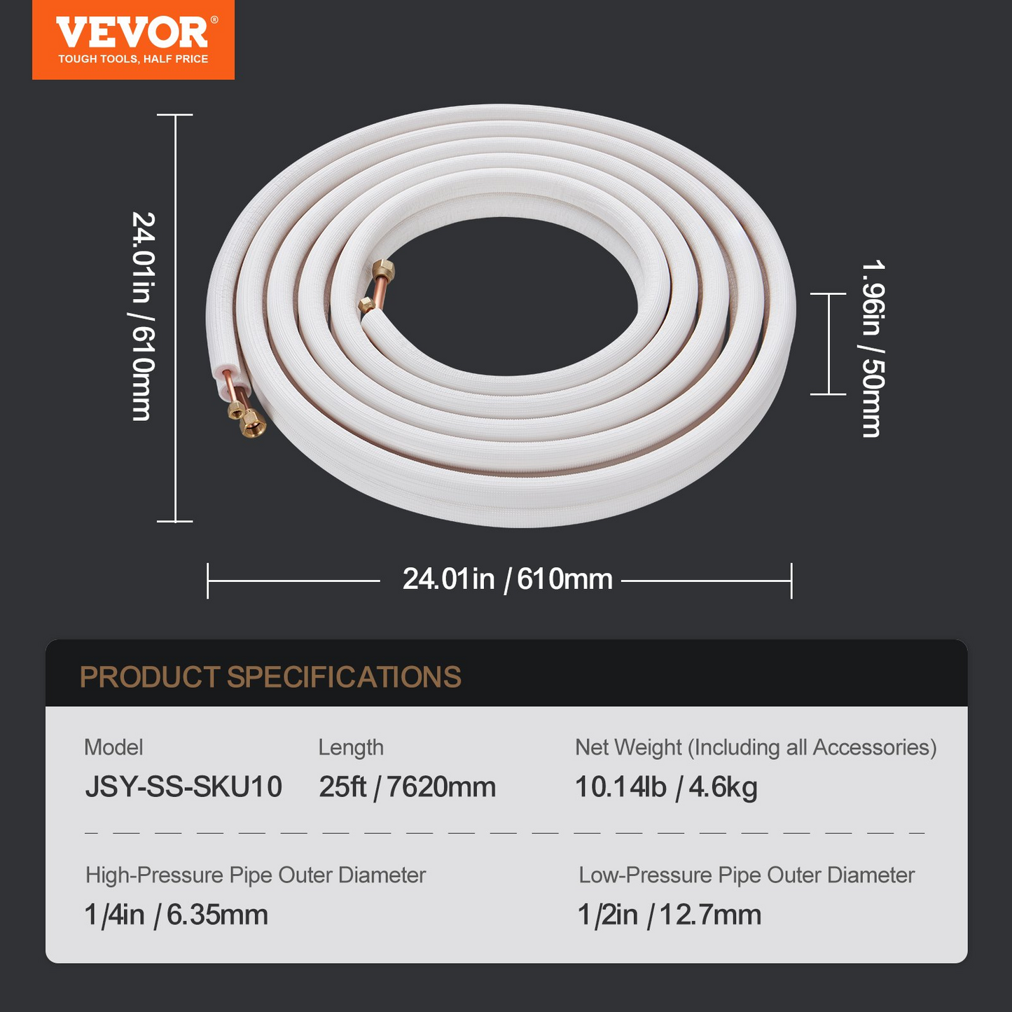 VEVOR 25FT Mini Split Line Set, 1/4" & 1/2" O.D Copper Pipes Tubing and Triple-Layer Insulation, for Air Conditioning or Heating Pump Equipment & HVAC with Rich Accessories (27ft Connection Cable)