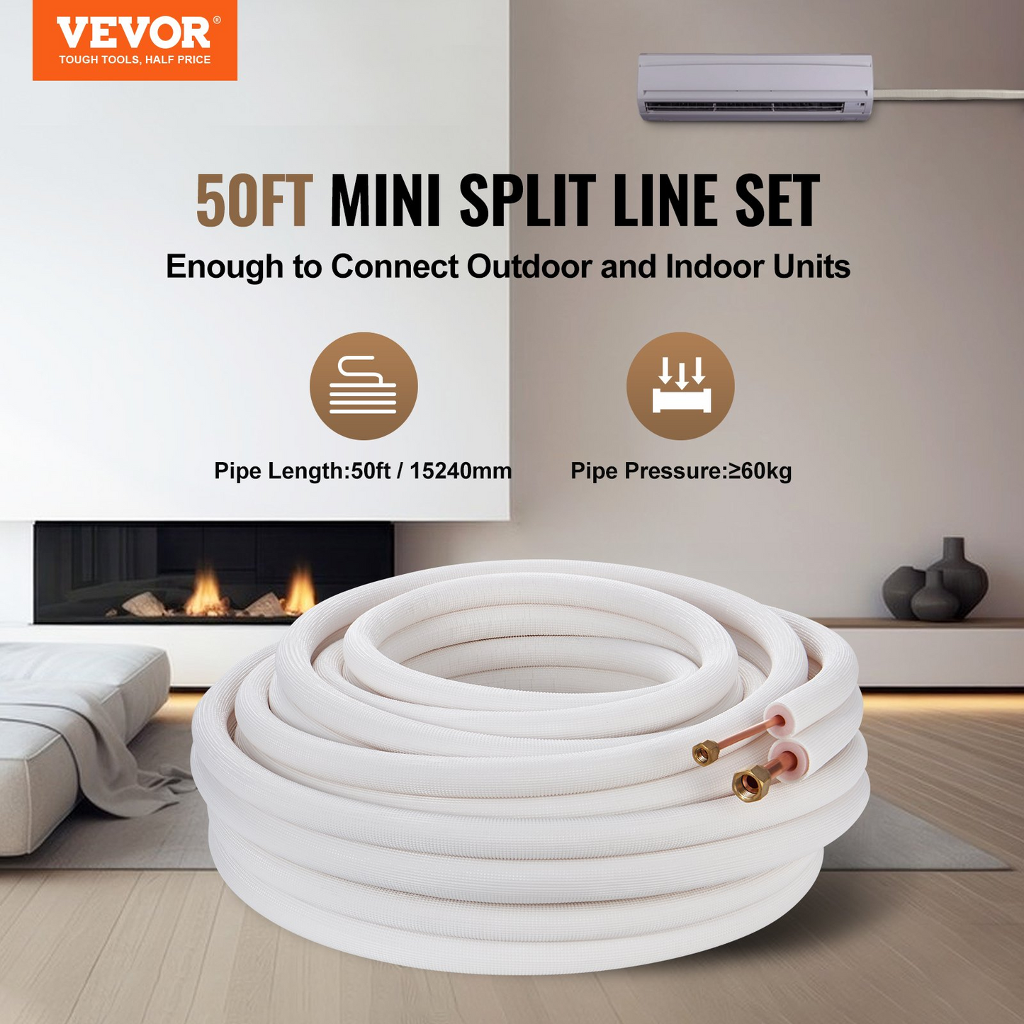 VEVOR 50FT Mini Split Line Set, 1/4" & 1/2" O.D Copper Pipes Tubing and Triple-Layer Insulation, for Mini Split Air Conditioning Refrigerant or Heating Pump Equipment & HVAC with Wrapping Strips.