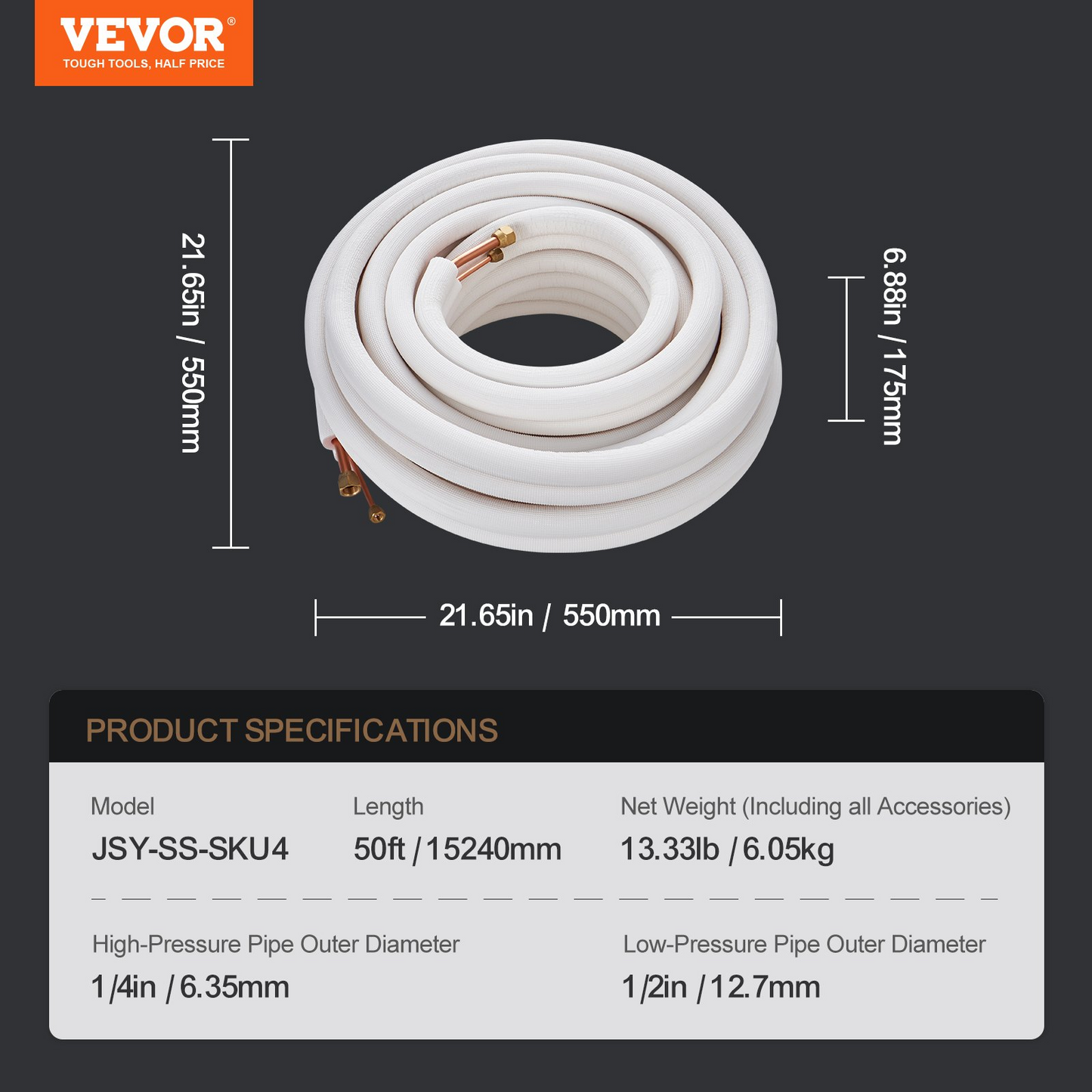 VEVOR 50FT Mini Split Line Set, 1/4" & 1/2" O.D Copper Pipes Tubing and Triple-Layer Insulation, for Mini Split Air Conditioning Refrigerant or Heating Pump Equipment & HVAC with Wrapping Strips.