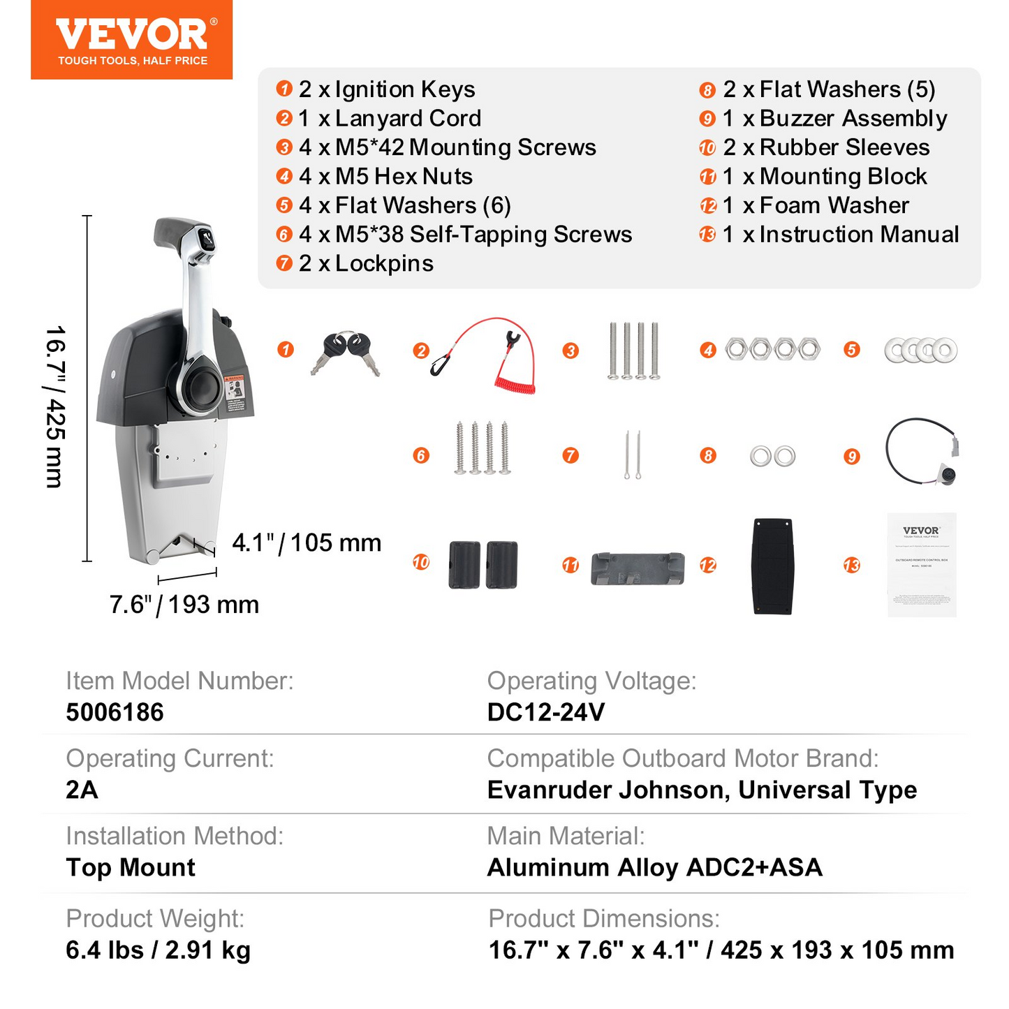 VEVOR Boat Throttle Control, 5006186 Top-Mounted Outboard Remote Control Box for Evinrude Johnson, Marine Throttle Control Box with Power Trim Switch and Lanyard