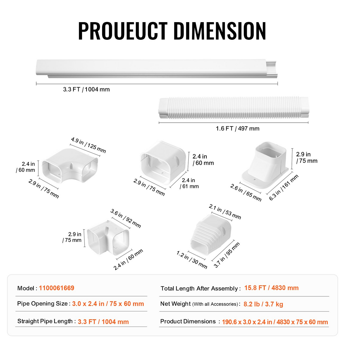 VEVOR Mini Split Line Set Cover 3-inch W 15.8Ft L, PVC Decorative Pipe Line Cover For Air Conditioner with 4 Straight Ducts & Full Components Easy to Install, Paintable for Heat Pumps, White