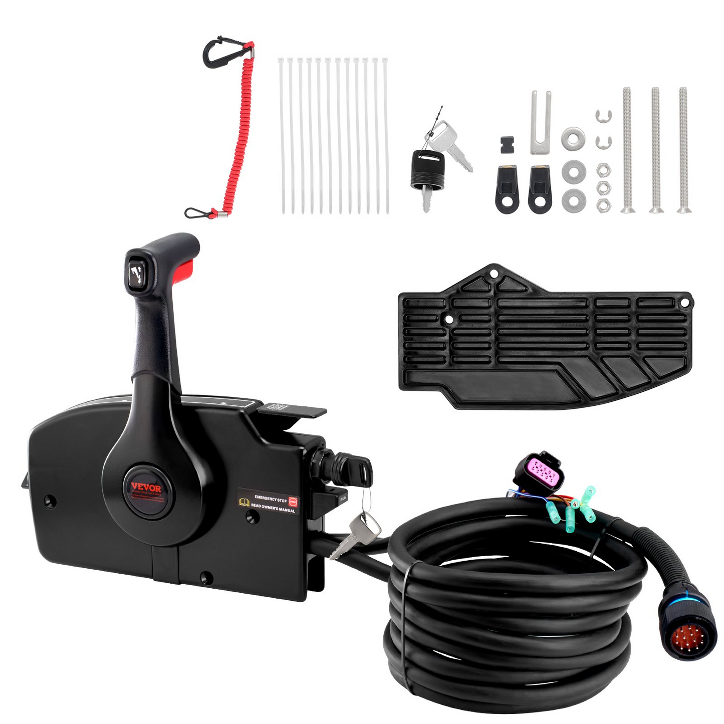 VEVOR Boat Throttle Control, 881170A13 Side-Mounted Outboard Remote Control Box for Mercury PT 4-Stroke, Marine Throttle Control Box with Power Trim Switch, 16.6 ft Harness 14 Pin, and Lanyard