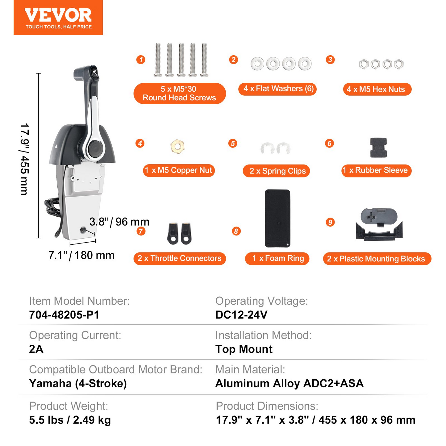 VEVOR Boat Throttle Control, 704-48205-P1 Top-Mounted Outboard Remote Control Box for Yamaha 4-Stroke, Marine Throttle Control Box with Power Trim Switch and 4.6 ft Harness with 5 Pin Connector