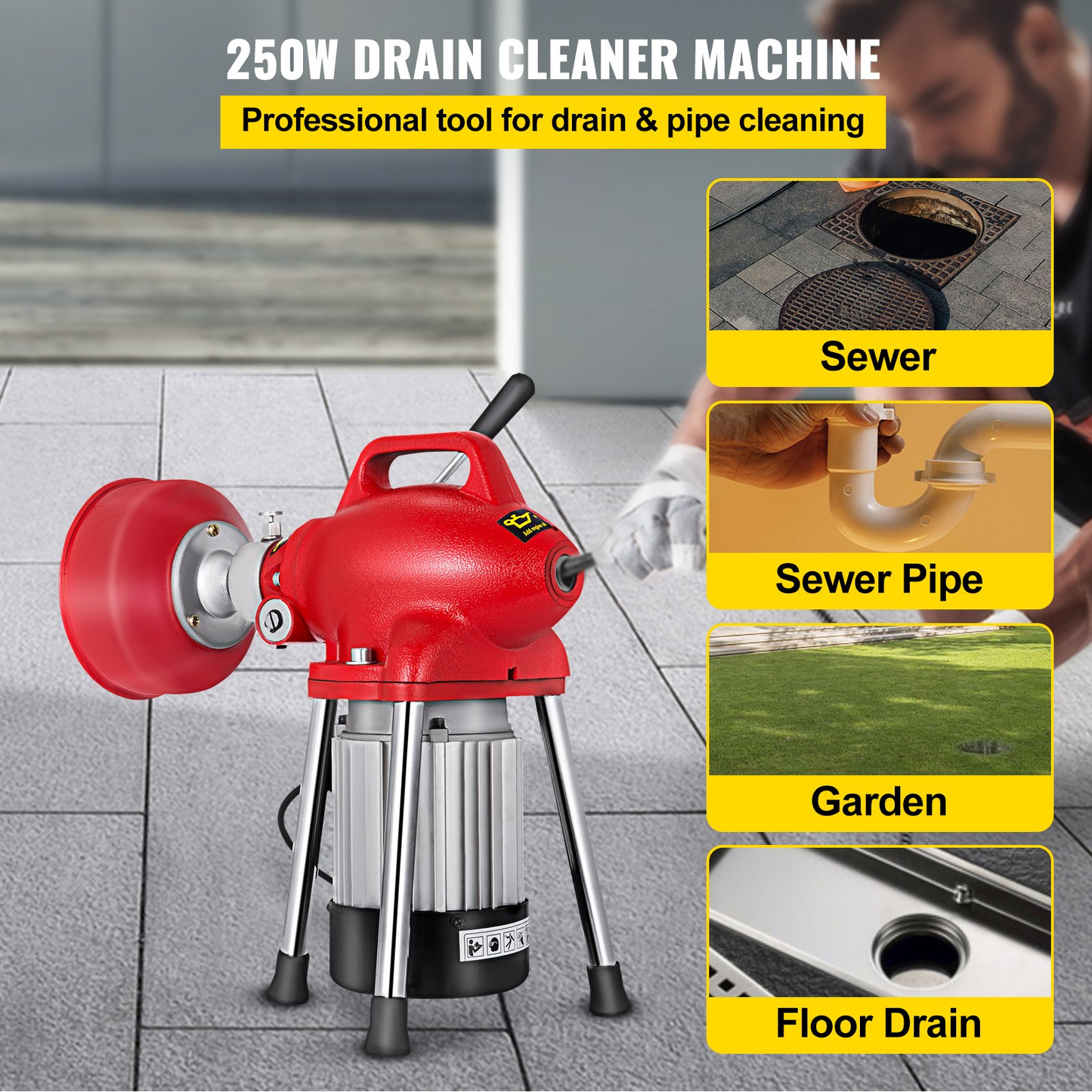 250W Electric Drain Cleaner Auger Pipe Cleaning Machine w/ Cutter