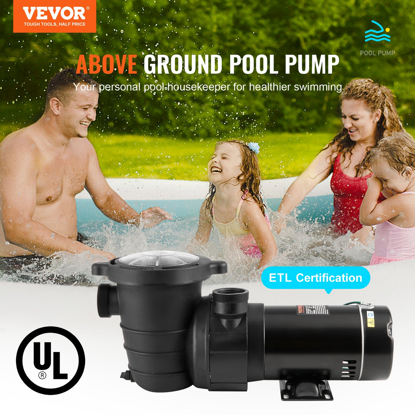 VEVOR Above Ground Pool Pump, 1HP, 80 GPM Max. Flow Single Speed Swimming Pool Pump, 120V 3450 RPM 36 ft Max. Head Lift Pool Pump with Filter Basket, for Above Ground Pools Hot Tubs Spas, UL Certified