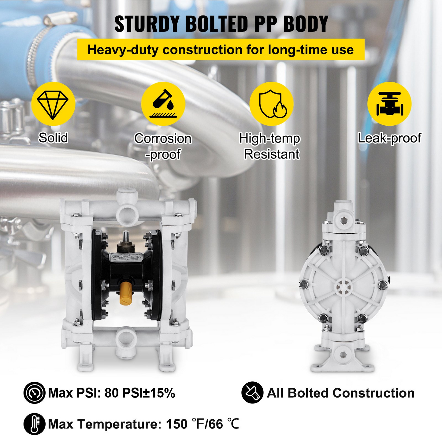 VEVOR Air-Operated Double Diaphragm Pump, 1/2 in Inlet & Outlet, Polypropylene Body, 13.2 GPM & Max 120PSI, PTFE Diaphragm Pneumatic Transfer Pump for Petroleum, Diesel, Oil & Low Viscosity Fluids