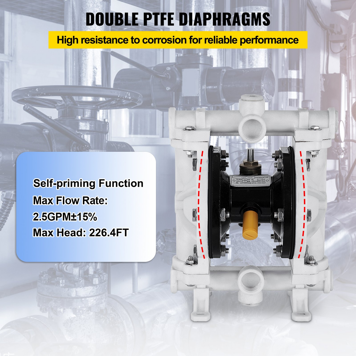 VEVOR Air-Operated Double Diaphragm Pump, 1/2 in Inlet & Outlet, Polypropylene Body, 13.2 GPM & Max 120PSI, PTFE Diaphragm Pneumatic Transfer Pump for Petroleum, Diesel, Oil & Low Viscosity Fluids