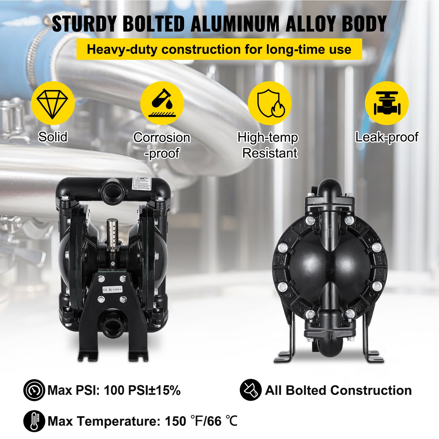 VEVOR Air-Operated Double Diaphragm Pump 1 inch Inlet Outlet Aluminum 35 GPM Max 120PSI for Industrial Use, QBY4-25LF46-1inch-35