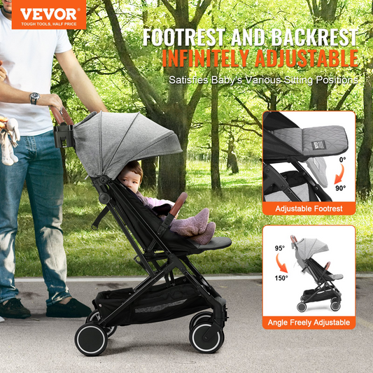 VEVOR Standard Baby Infant Stroller, Toddler Stroller with 95°-150° Adjustable Backrest & & 0/90°Adjustable Footrest & One-click Folding, Newborn Stroller with Cup Holder and Carry Bag, Dark Grey