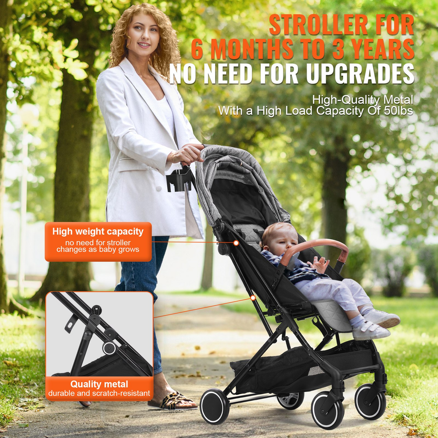 VEVOR Standard Baby Infant Stroller, Toddler Stroller with 95°-150° Adjustable Backrest & & 0/90°Adjustable Footrest & One-click Folding, Newborn Stroller with Cup Holder and Carry Bag, Dark Grey