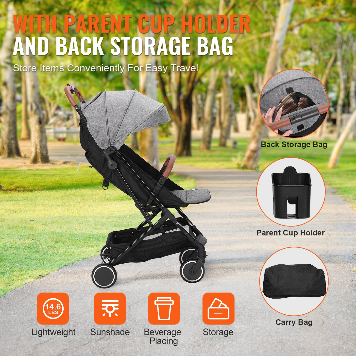 VEVOR Standard Baby Infant Stroller, Toddler Stroller with 95°-150° Adjustable Backrest & & 0/90°Adjustable Footrest & One-click Folding, Newborn Stroller with Cup Holder and Carry Bag, Dark Grey